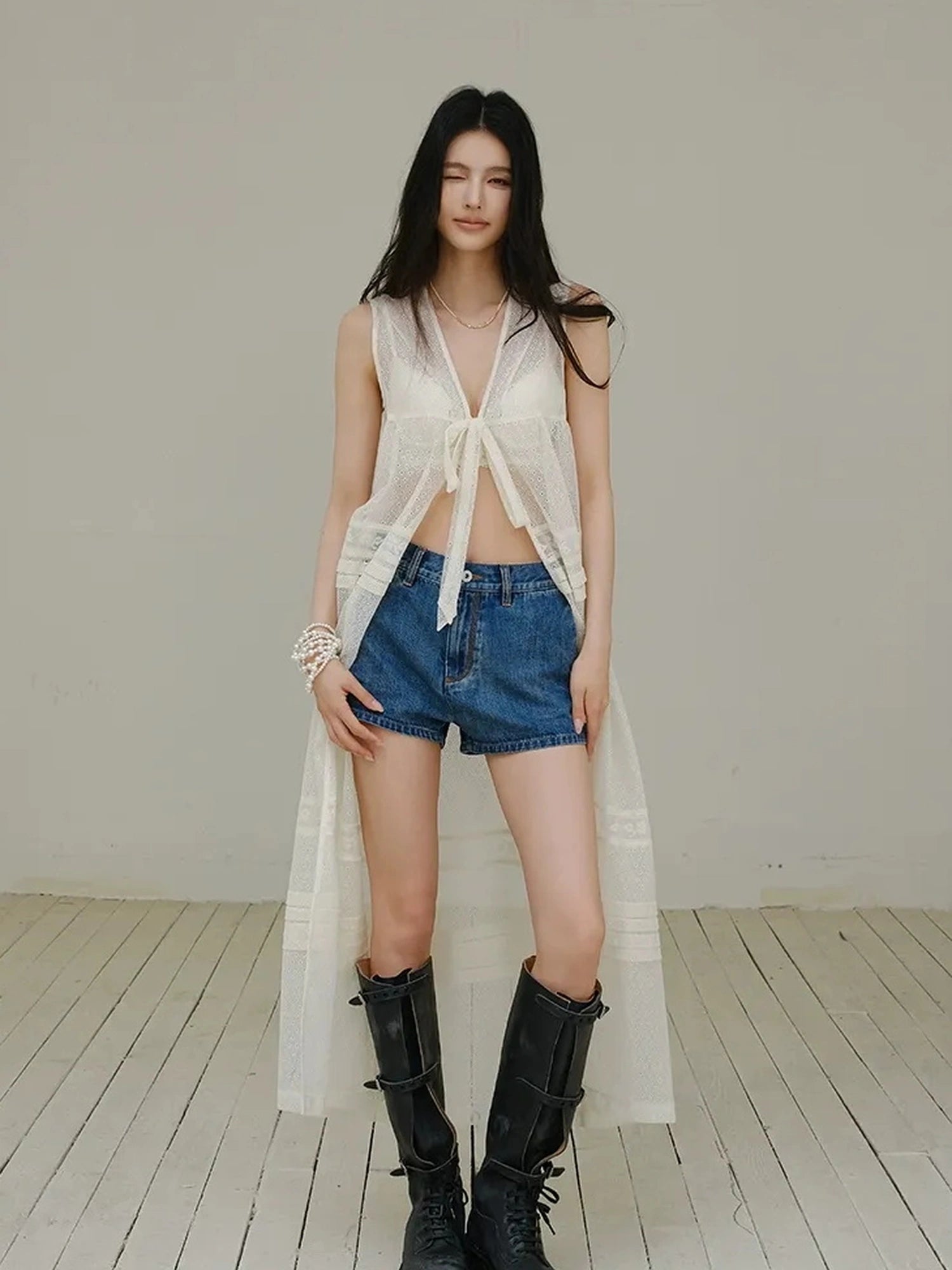French Lace Sheer Long Vest With Slip Top Set