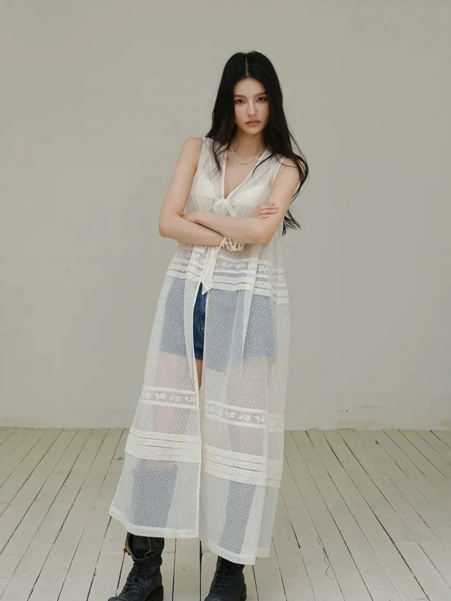 French Lace Sheer Long Vest With Slip Top Set