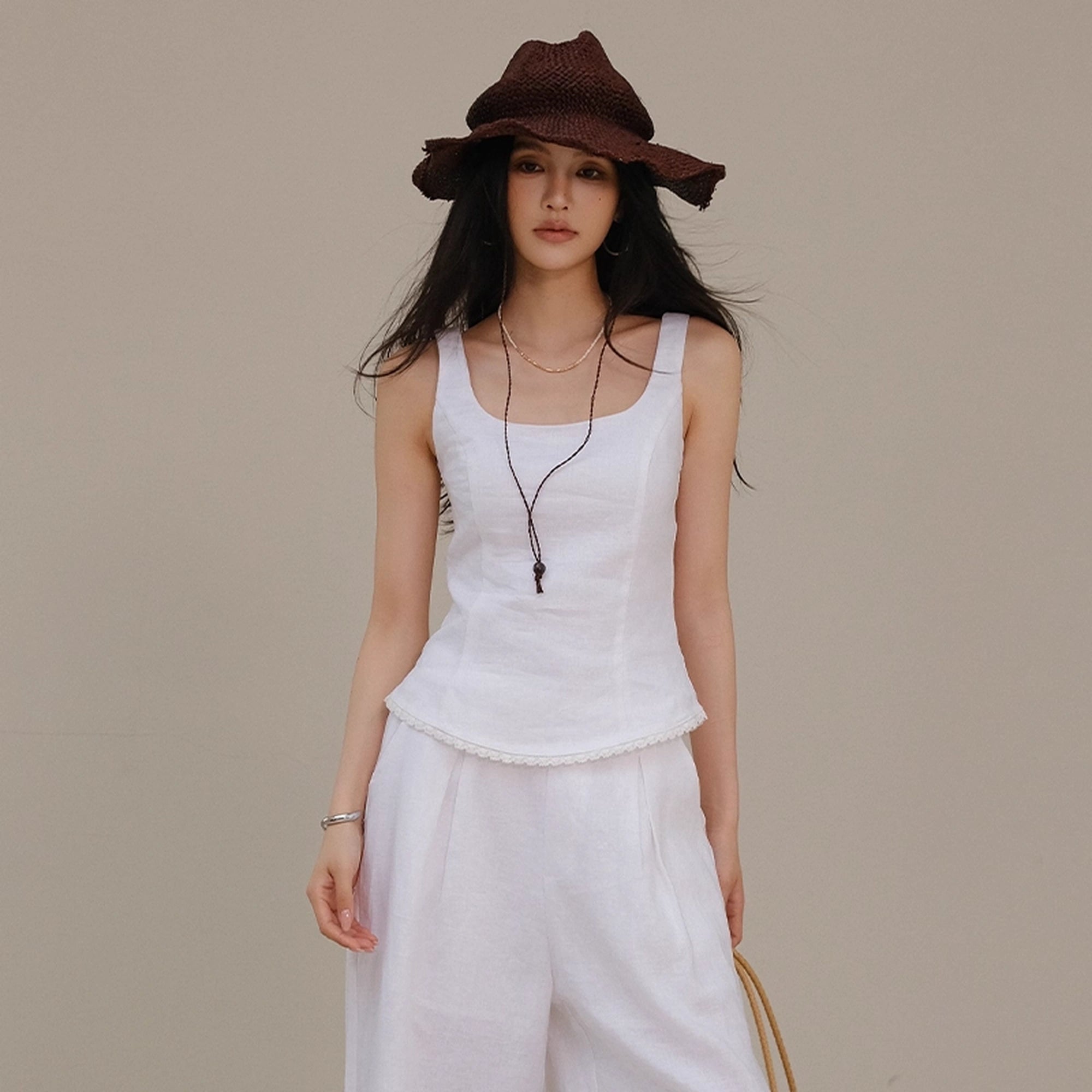 FU_FRESH_UP_French_Lace_Trim_Linen_Camisole_And_Wide_Leg_Pants_Set_MISSTT