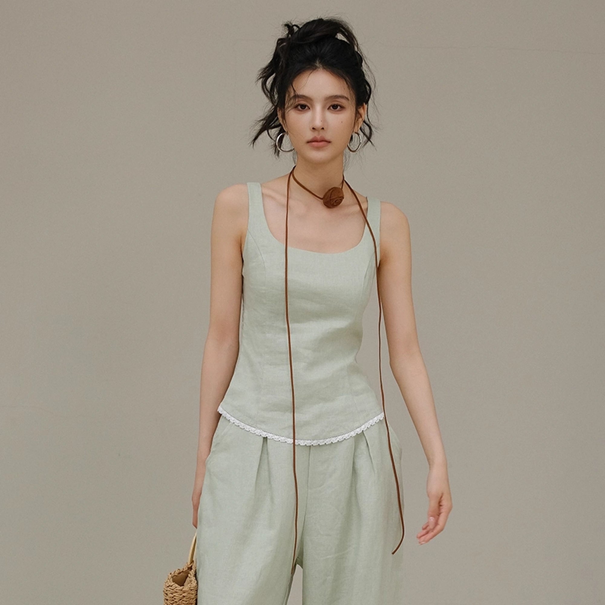 FU_FRESH_UP_French_Lace_Trim_Linen_Camisole_And_Wide_Leg_Pants_Set_MISSTT