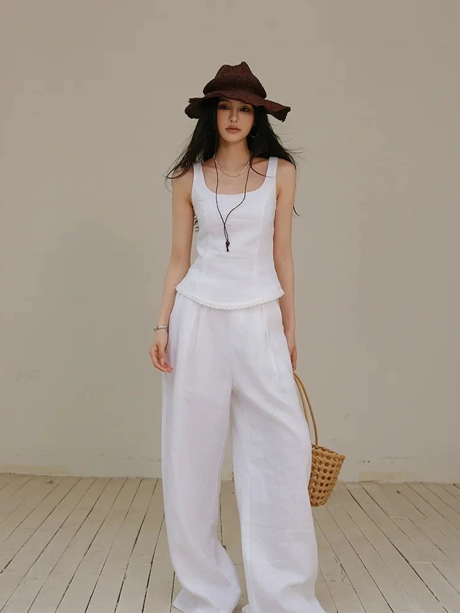 French Lace Trim Linen Camisole And Wide Leg Pants Set
