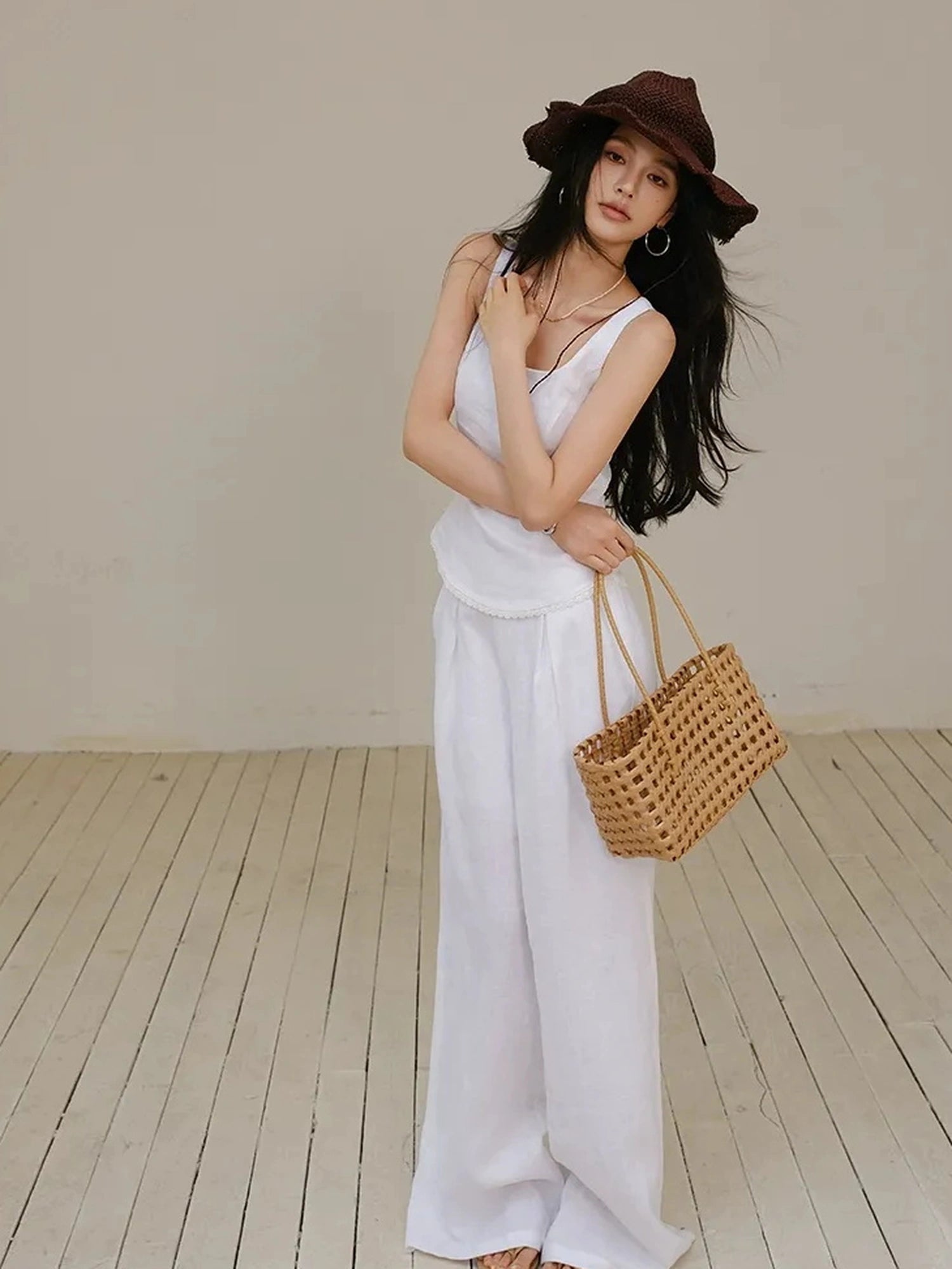 French Lace Trim Linen Camisole And Wide Leg Pants Set