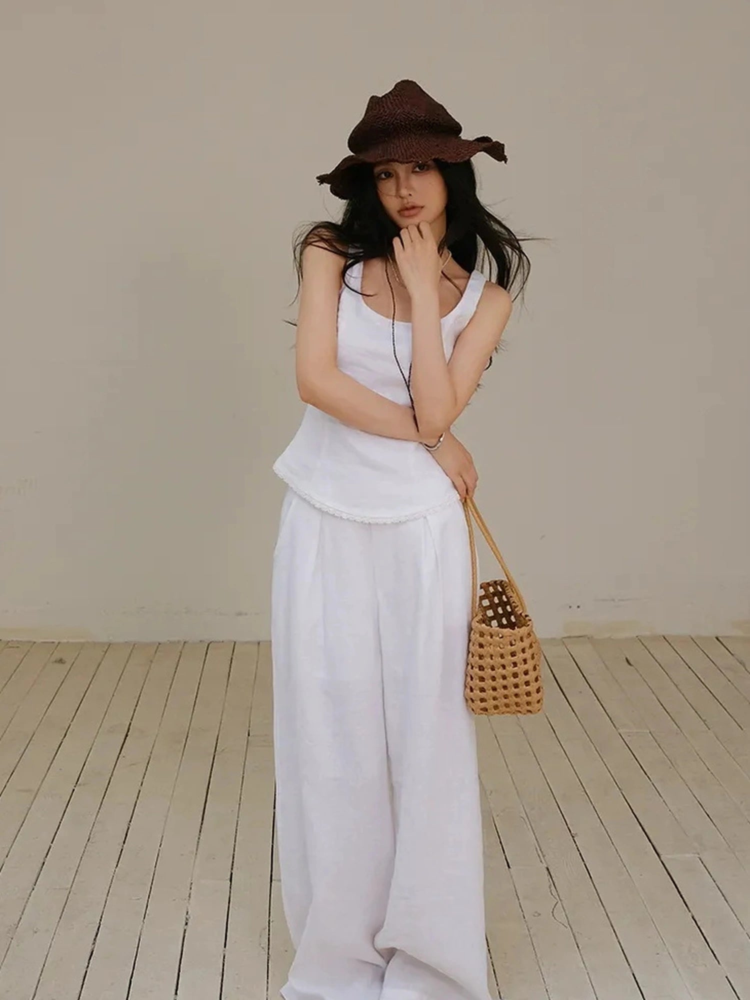 French Lace Trim Linen Camisole And Wide Leg Pants Set