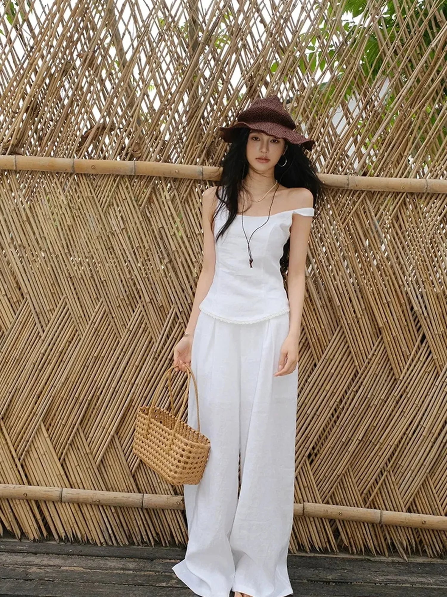 French Lace Trim Linen Camisole And Wide Leg Pants Set