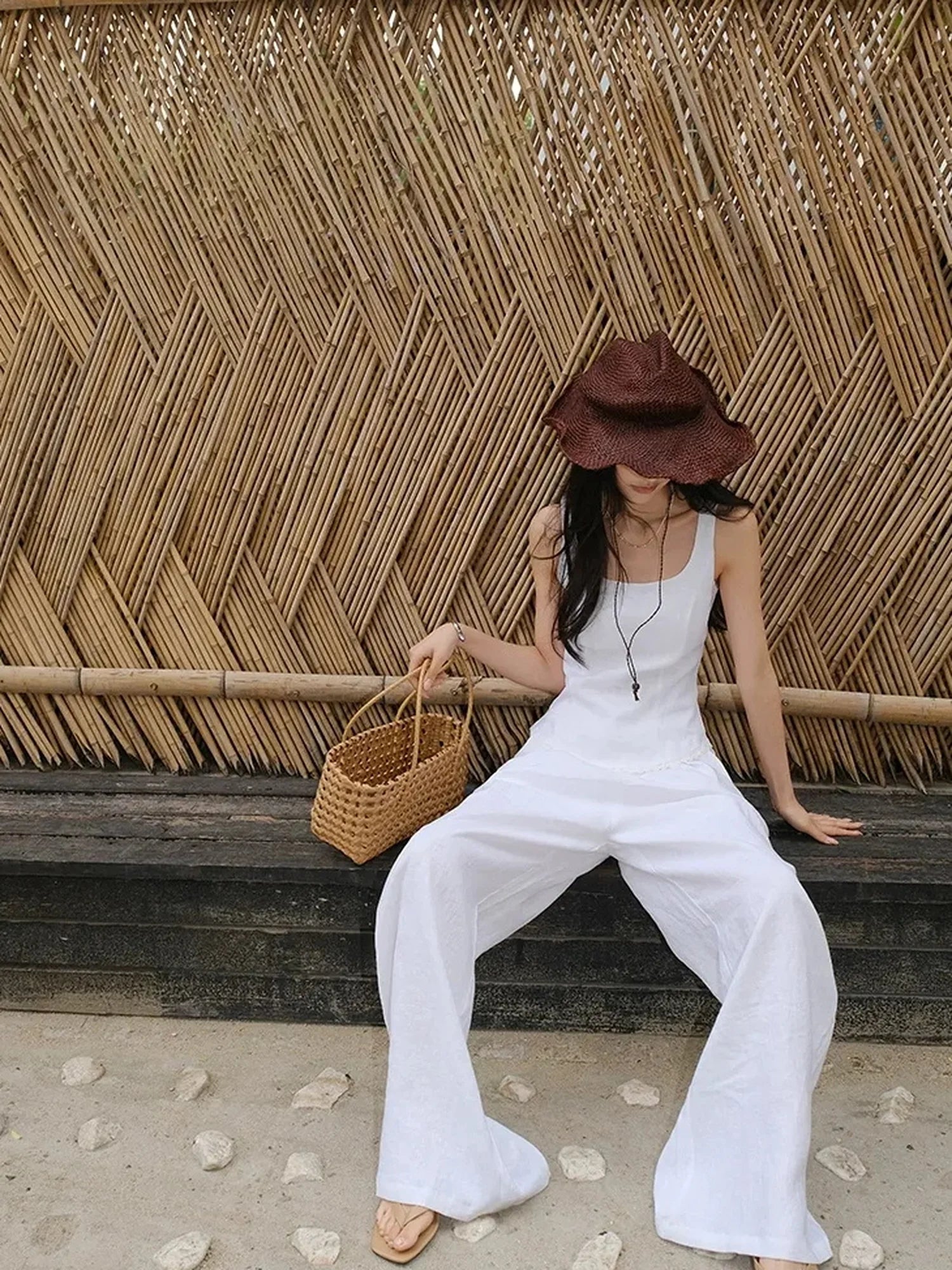 French Lace Trim Linen Camisole And Wide Leg Pants Set