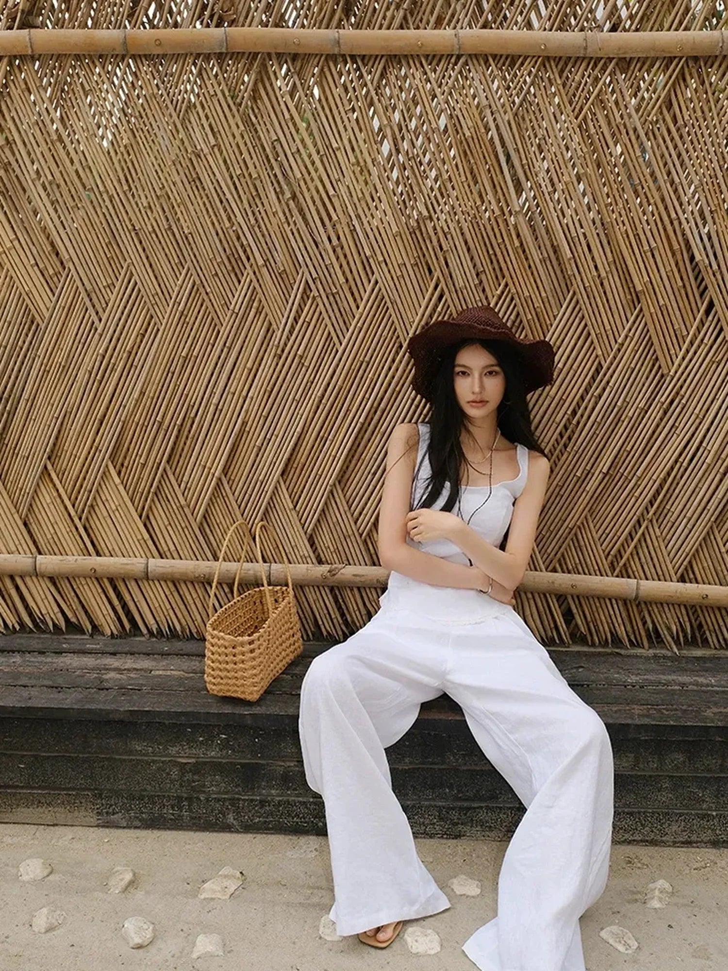 French Lace Trim Linen Camisole And Wide Leg Pants Set
