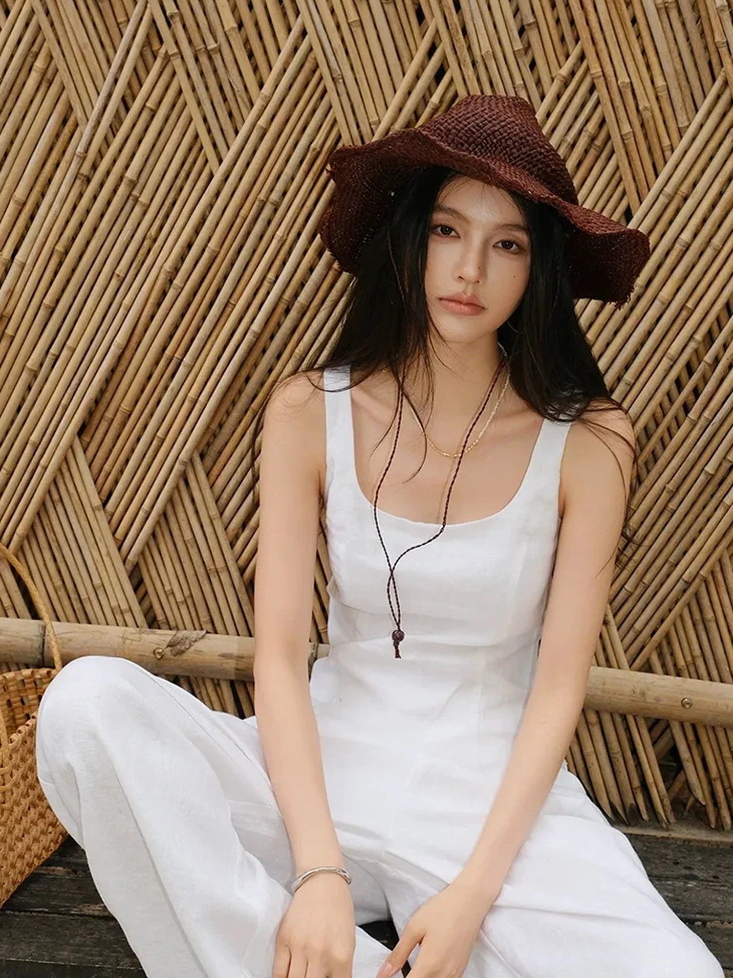 French Lace Trim Linen Camisole And Wide Leg Pants Set