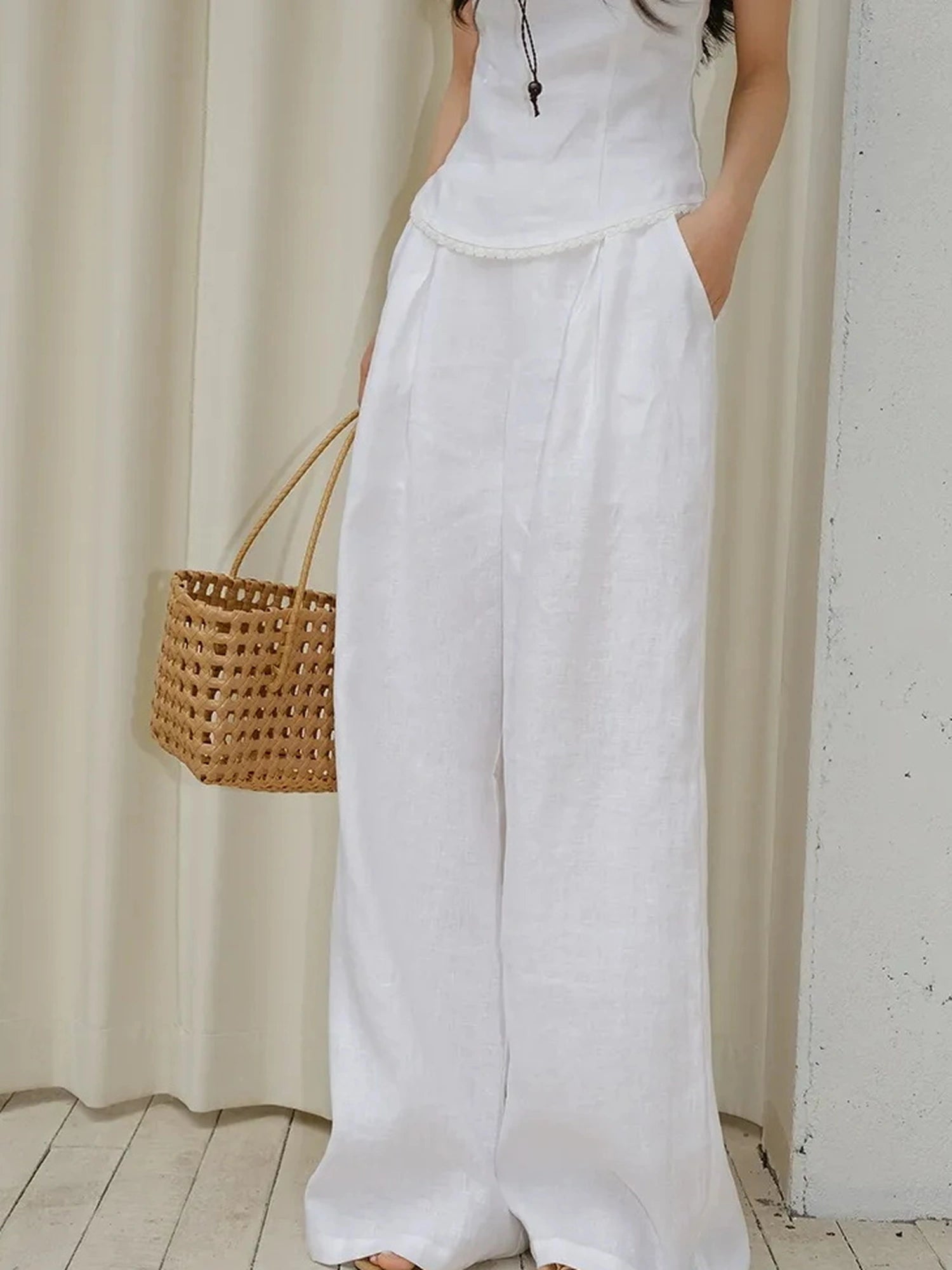 French Lace Trim Linen Camisole And Wide Leg Pants Set
