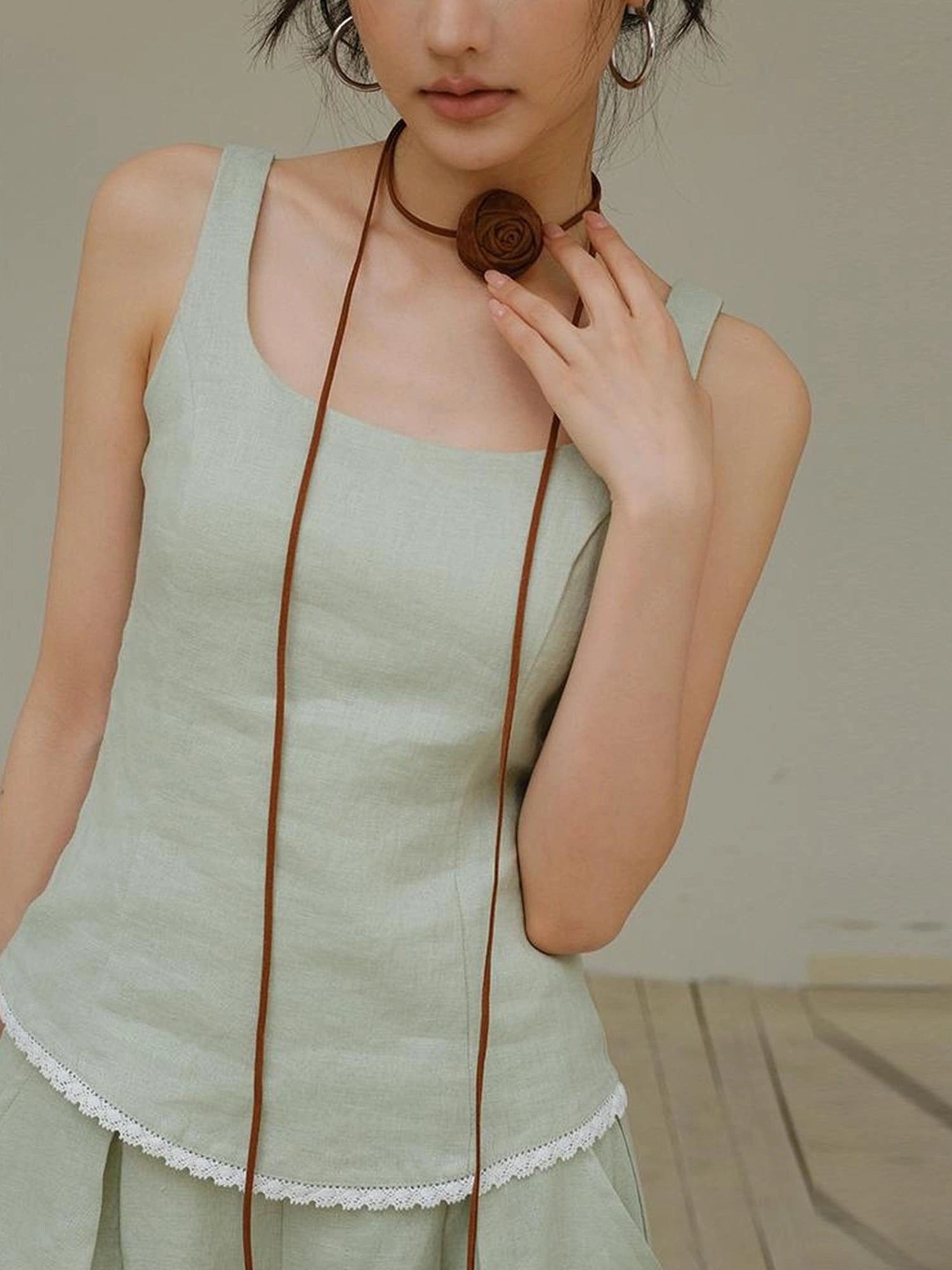 French Lace Trim Linen Camisole And Wide Leg Pants Set