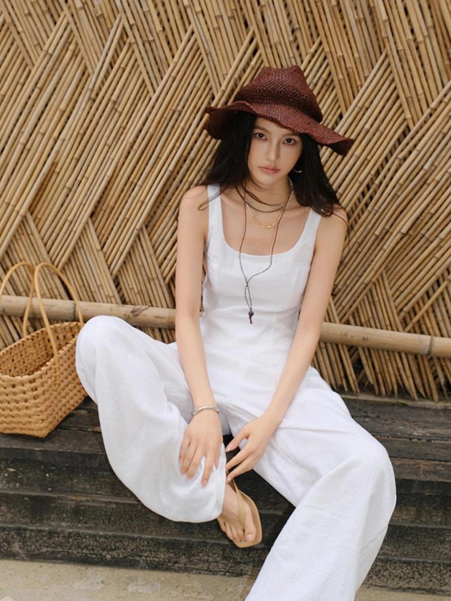 French Lace Trim Linen Camisole And Wide Leg Pants Set