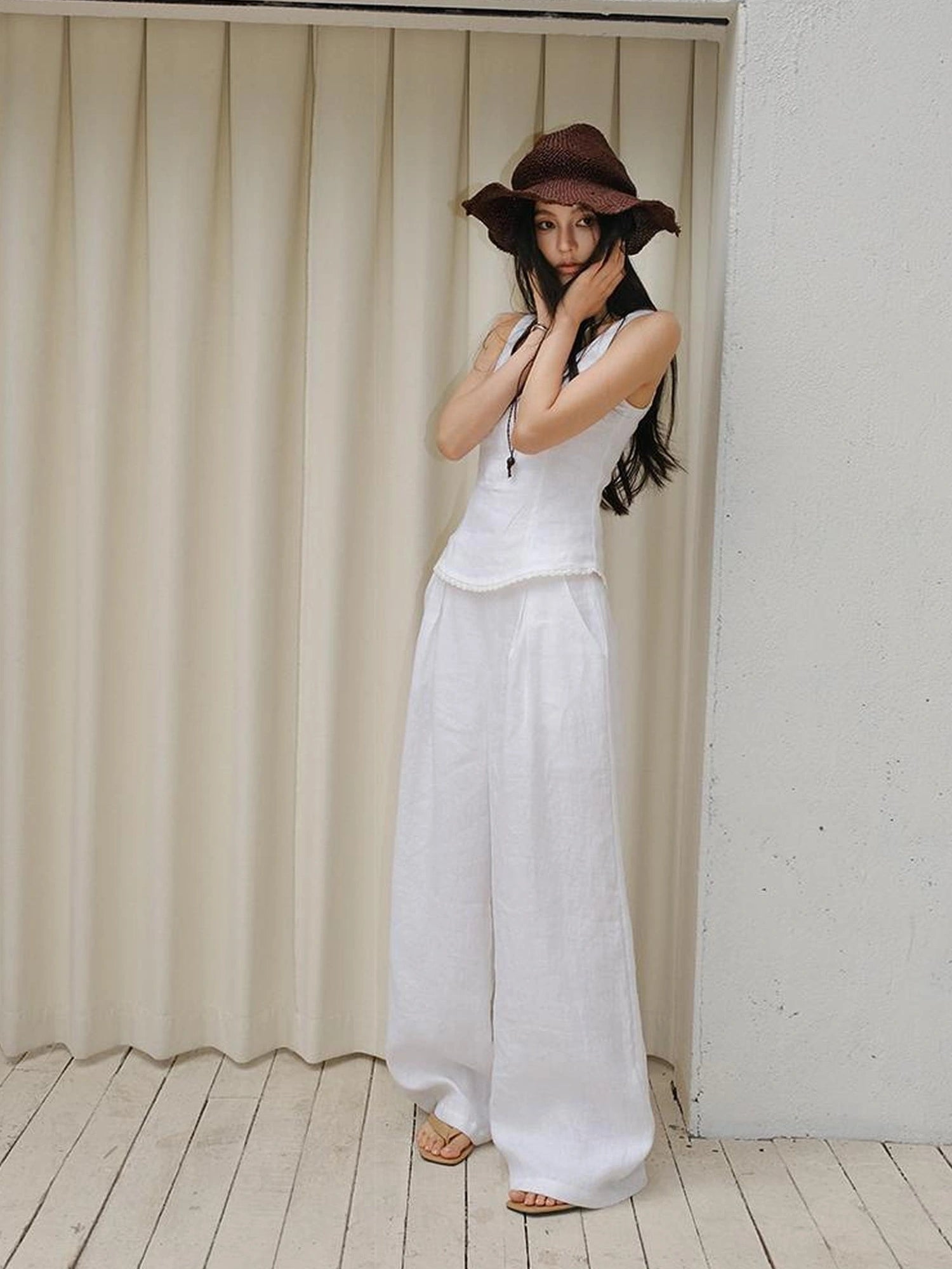 French Lace Trim Linen Camisole And Wide Leg Pants Set