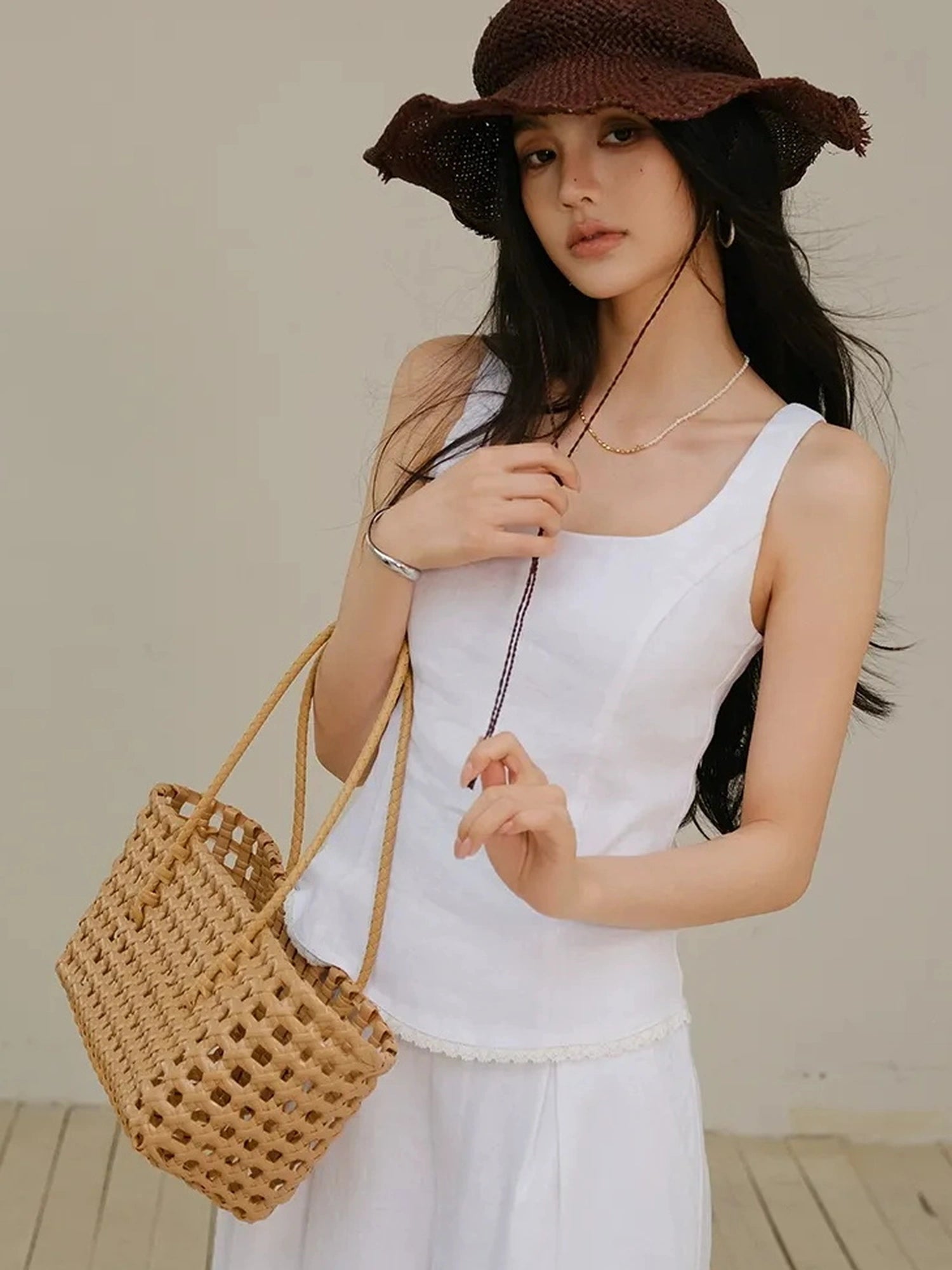 French Lace Trim Linen Camisole And Wide Leg Pants Set