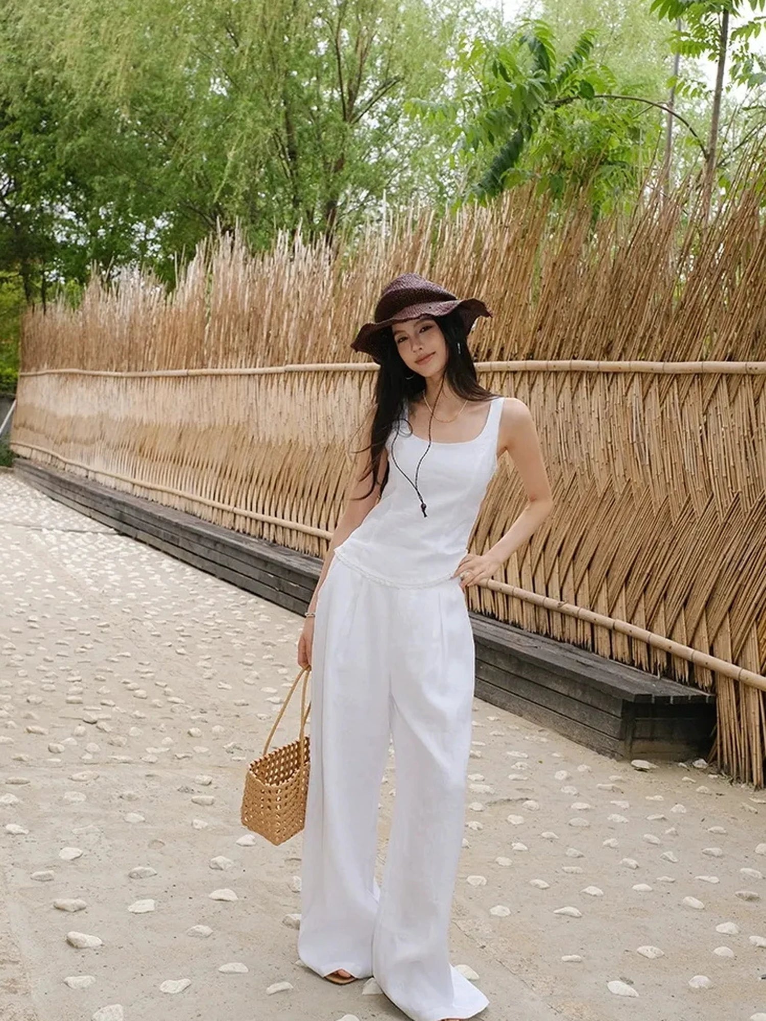 French Lace Trim Linen Camisole And Wide Leg Pants Set