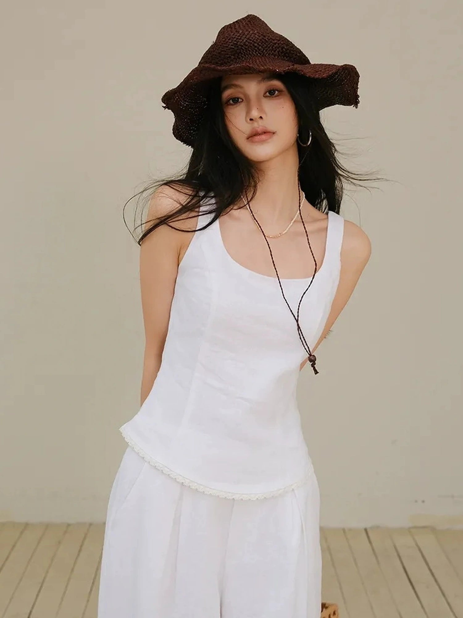 French Lace Trim Linen Camisole And Wide Leg Pants Set
