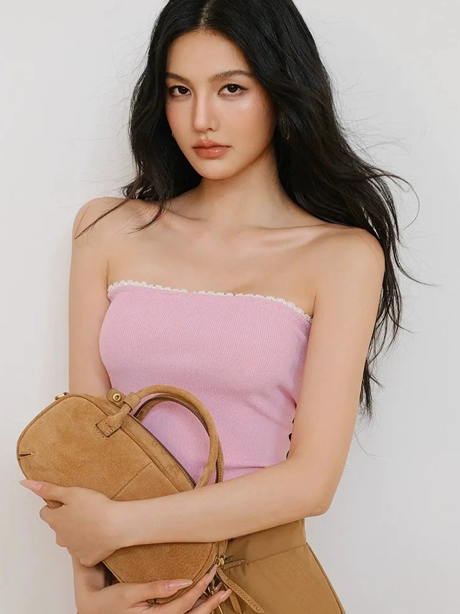FU FRESH UP French Lace Trim Off Shoulder Knit Tube Top