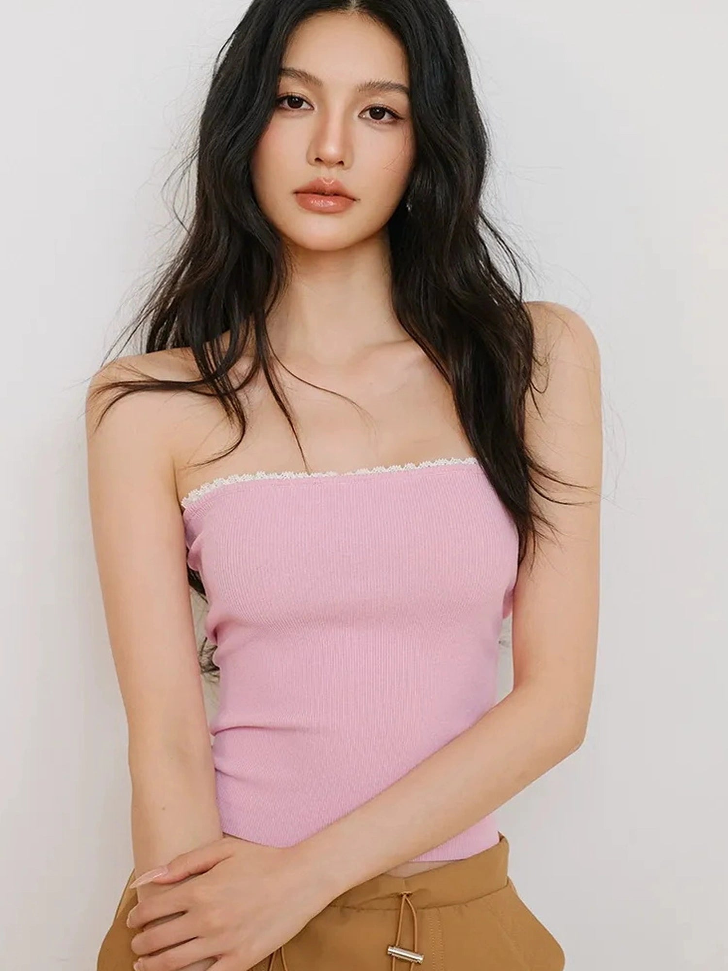 FU FRESH UP French Lace Trim Off Shoulder Knit Tube Top