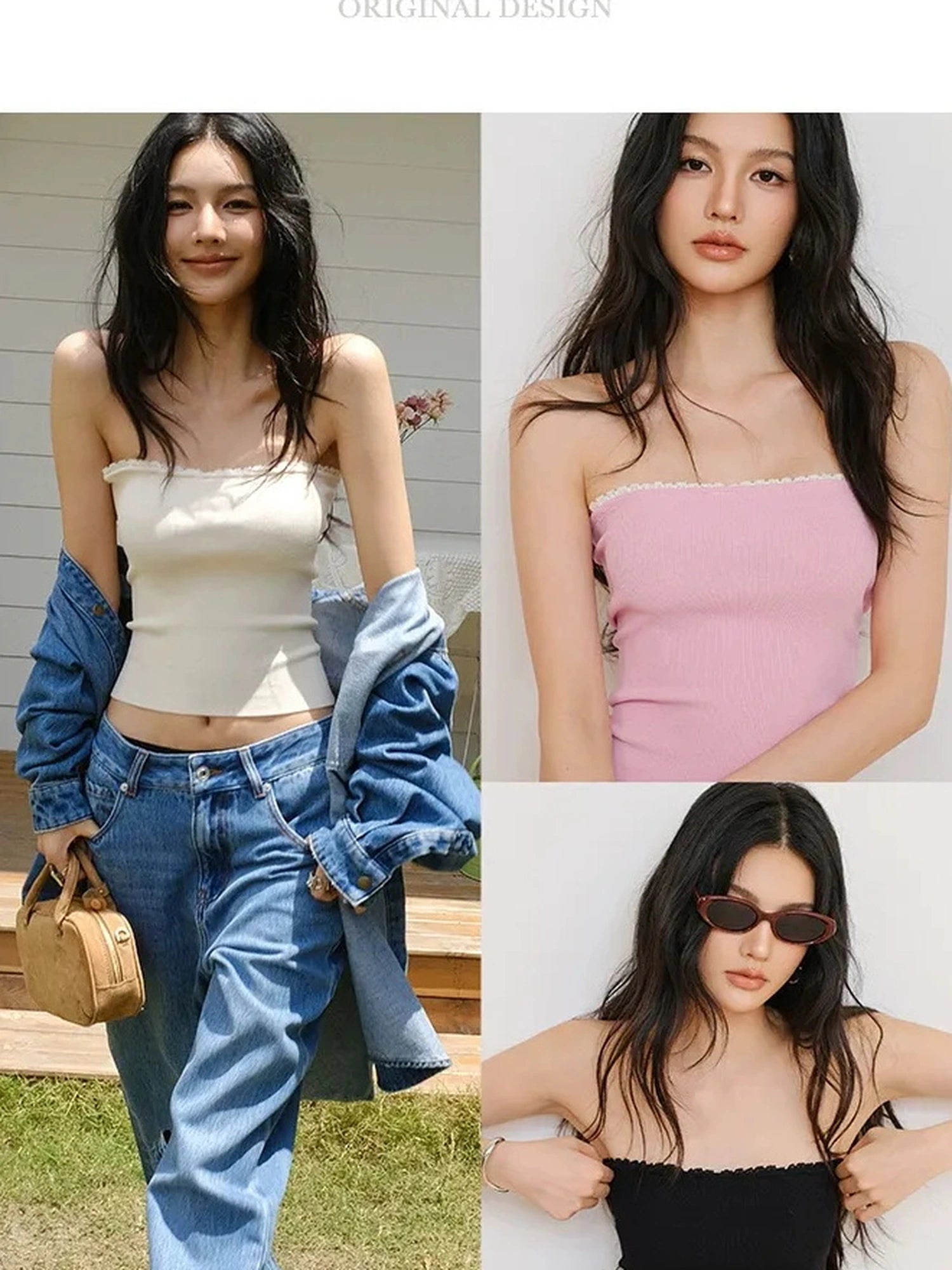 FU FRESH UP French Lace Trim Off Shoulder Knit Tube Top