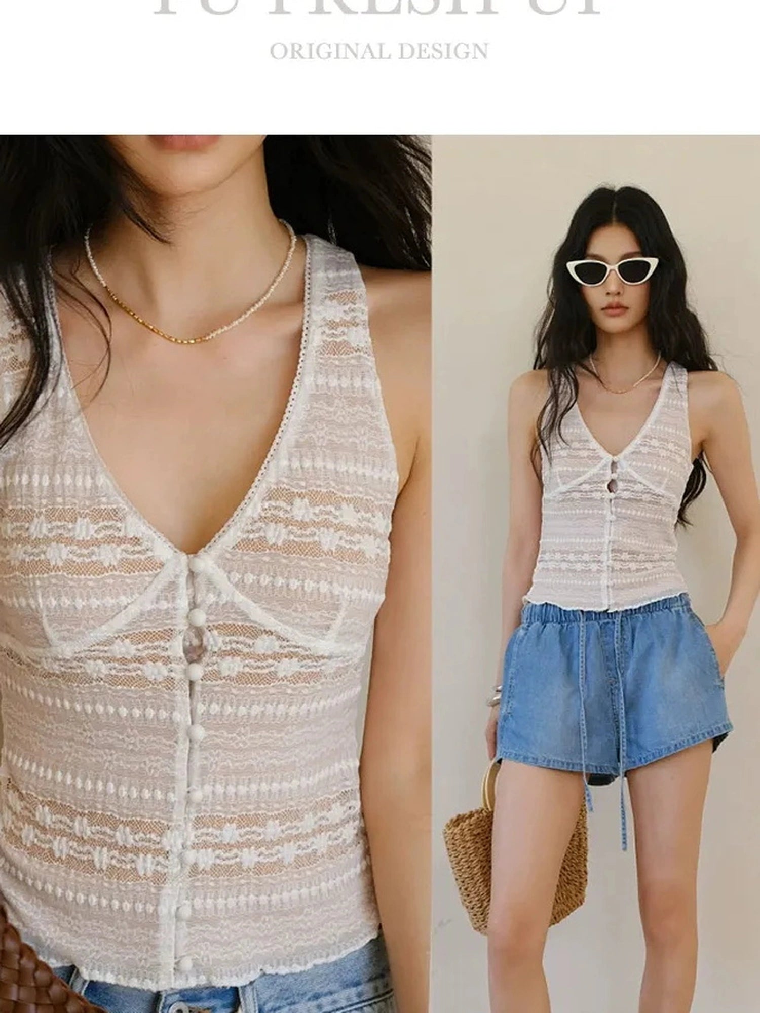 FU FRESH UP French Lace Trim V-neck Camisole