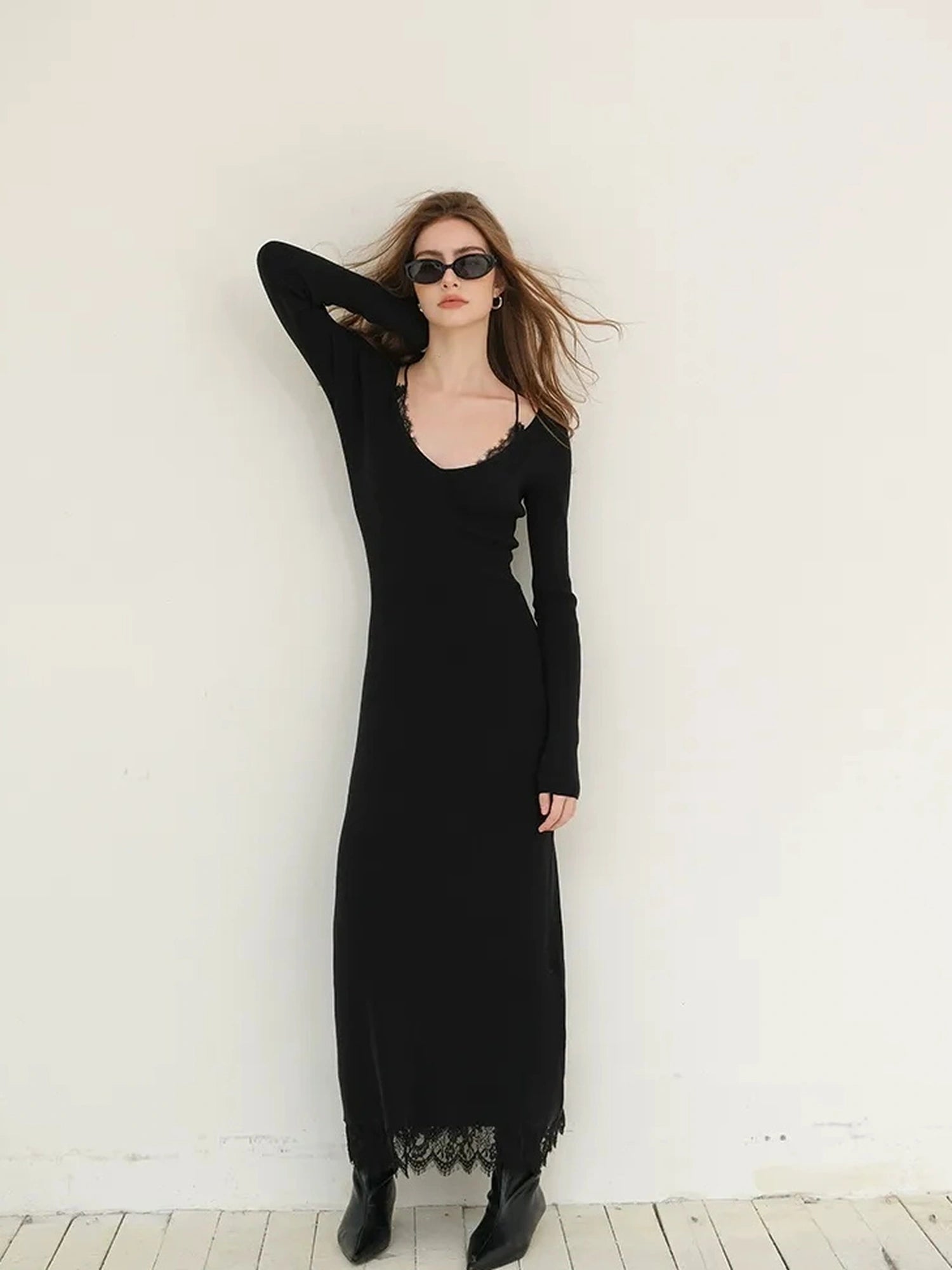 FU FRESH UP French Lace Trimmed Knit Slip Dress