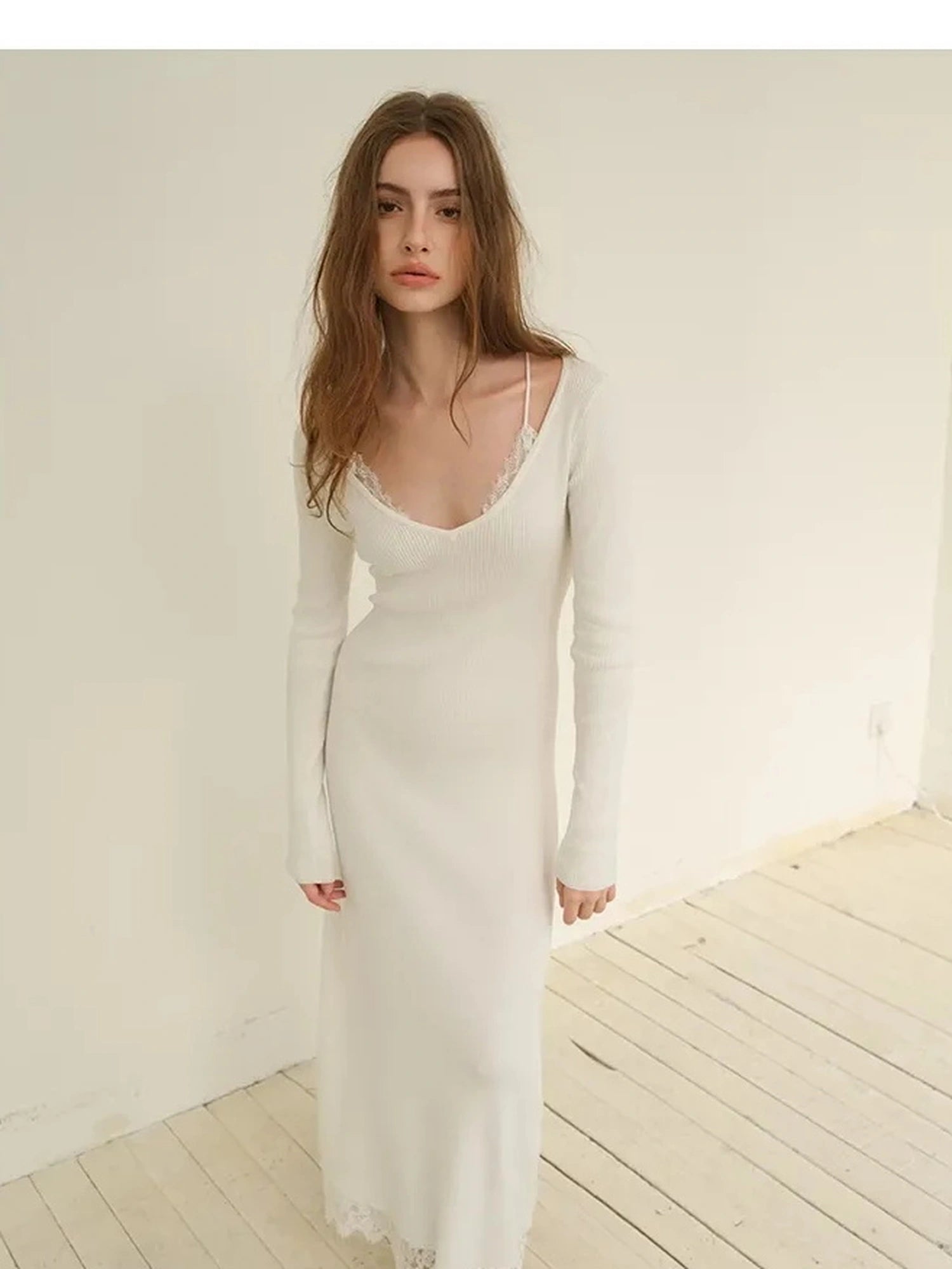 FU FRESH UP French Lace Trimmed Knit Slip Dress