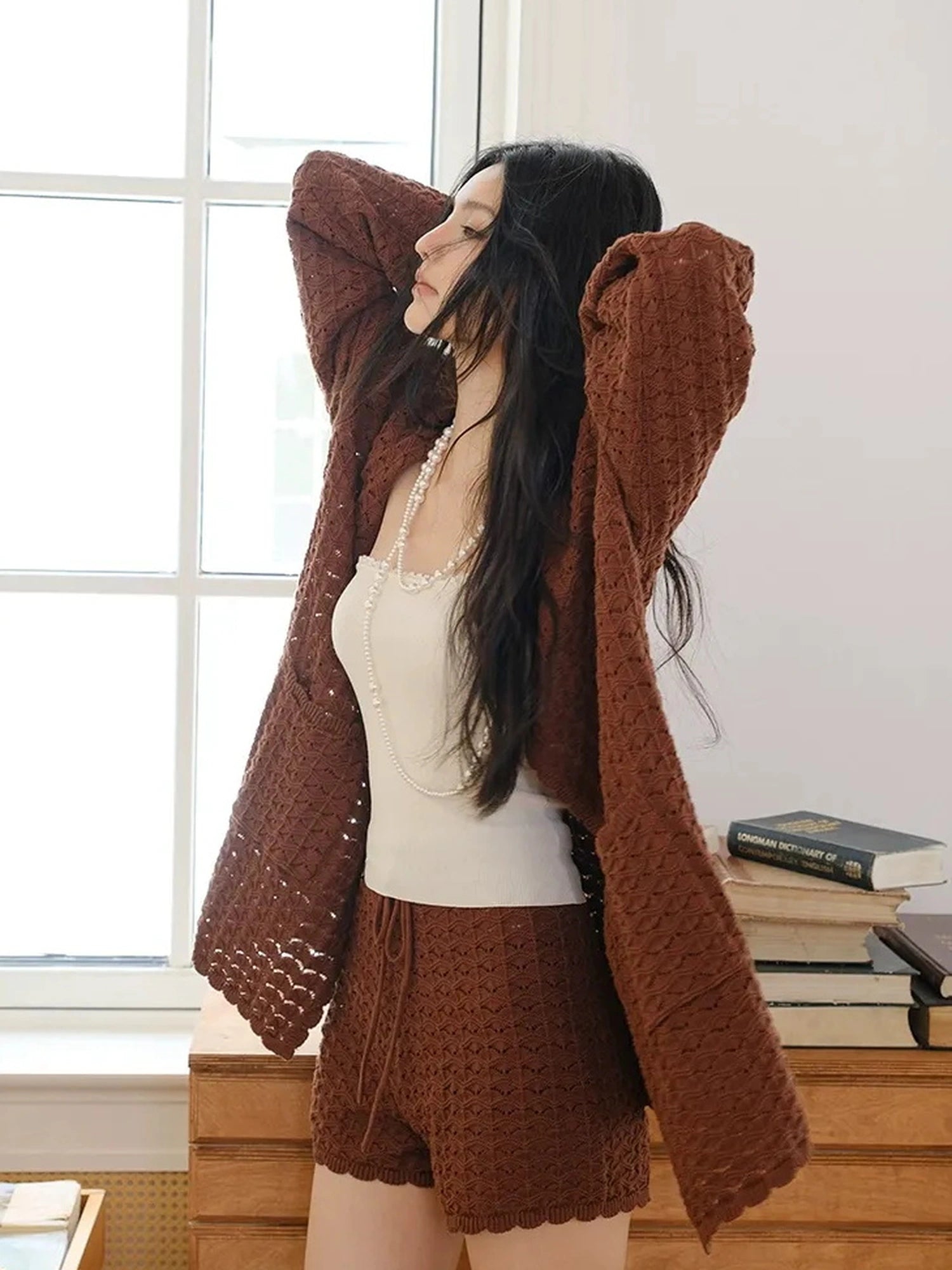 FU FRESH UP French Retro Crochet Lace Knit Cardigan Set