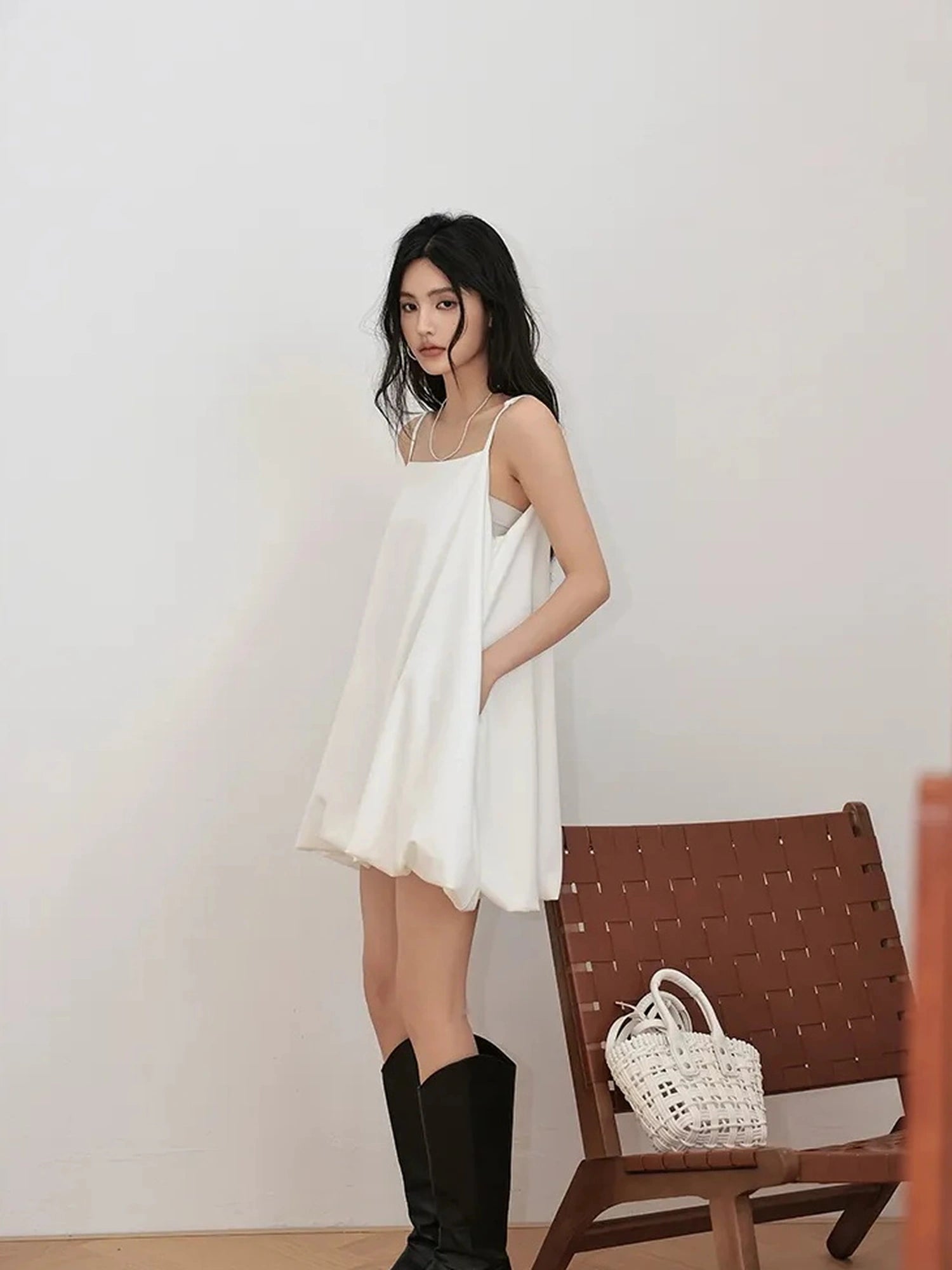 FU FRESH UP French Romantic Cloud Bloom A Line Dress V-neck T-shirt Long Sleeve