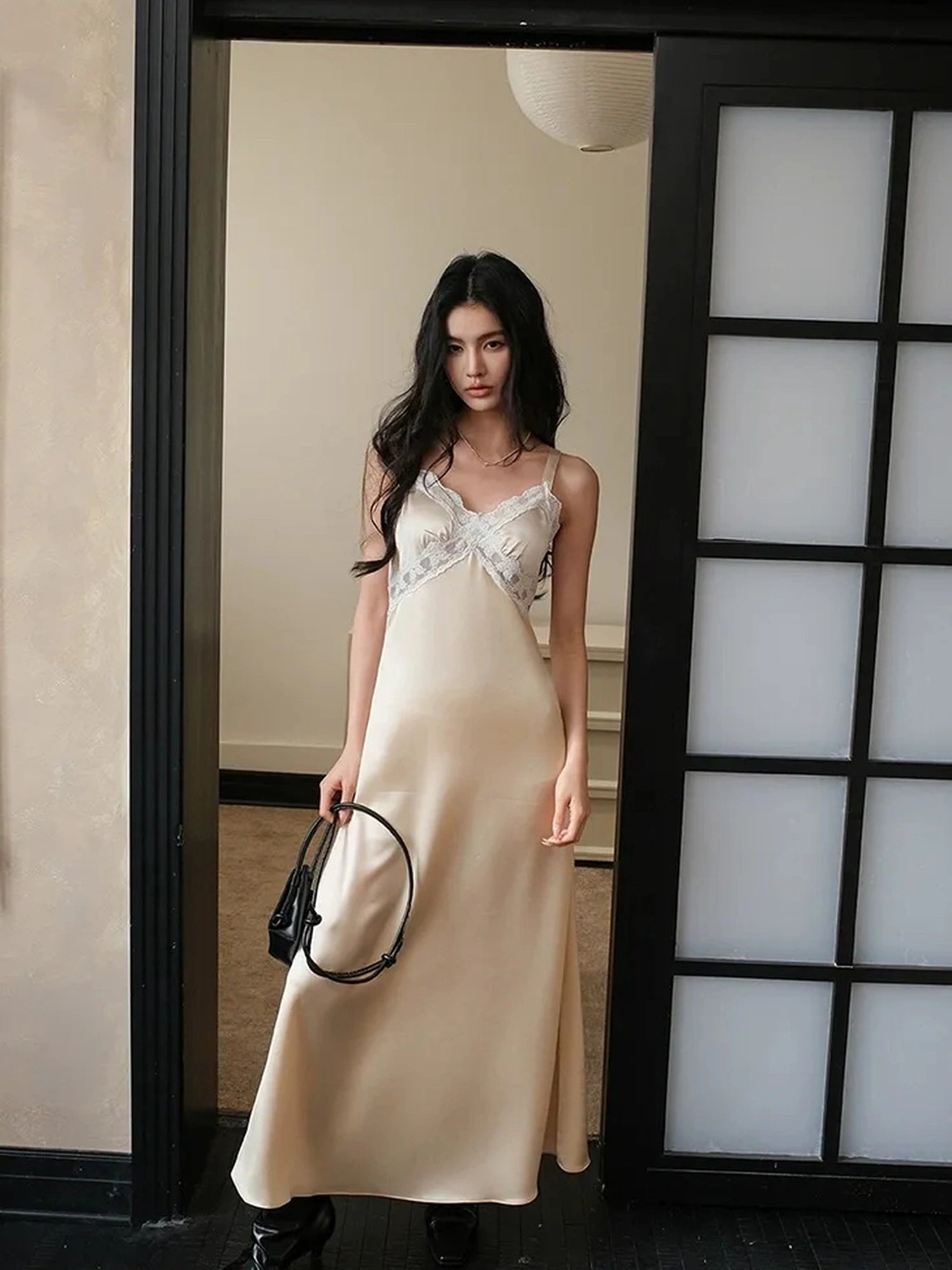 FU FRESH UP French Romantic Lace Trimmed Satin Slip Dress