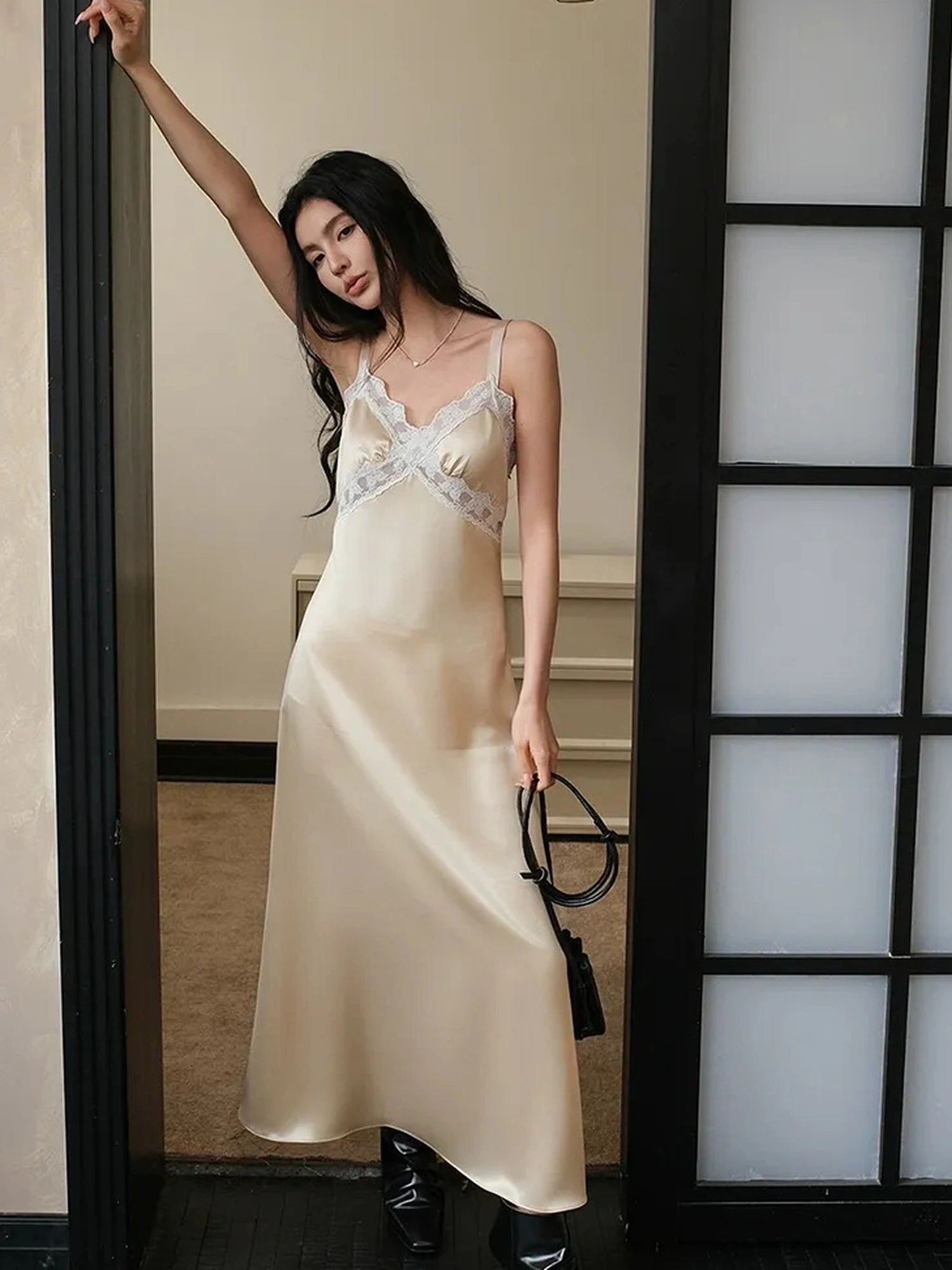 FU FRESH UP French Romantic Lace Trimmed Satin Slip Dress