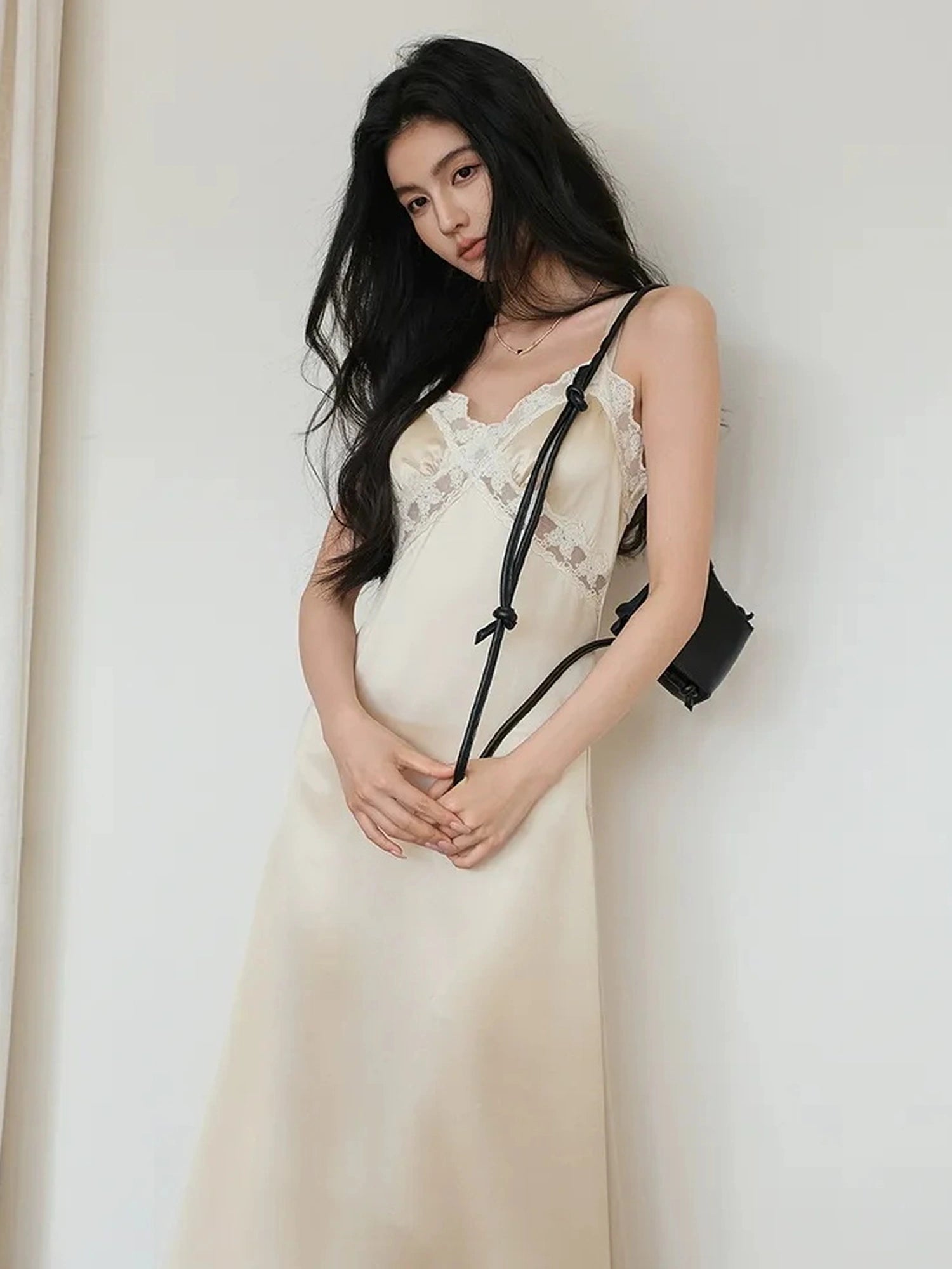 FU FRESH UP French Romantic Lace Trimmed Satin Slip Dress