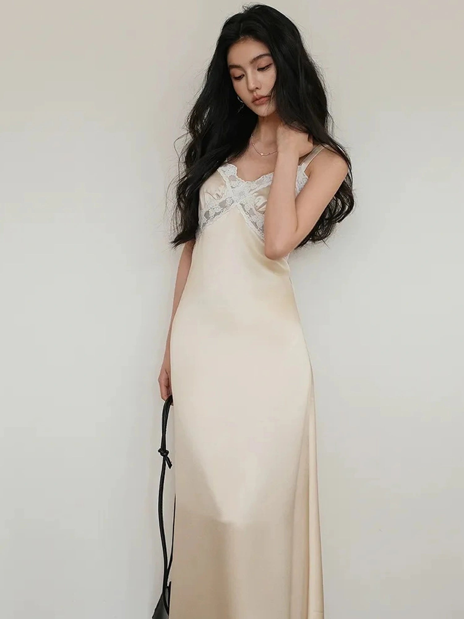 FU FRESH UP French Romantic Lace Trimmed Satin Slip Dress
