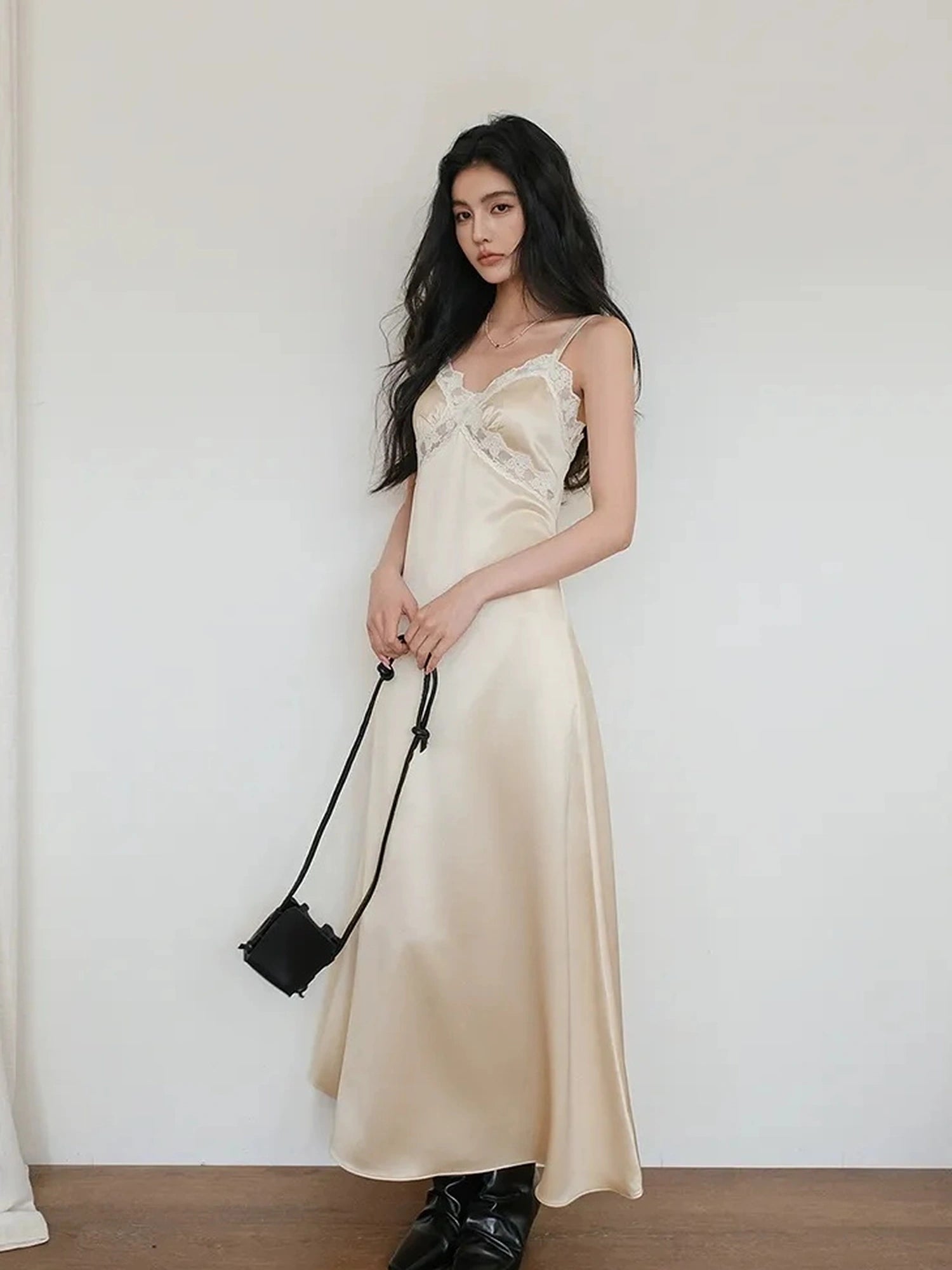 FU FRESH UP French Romantic Lace Trimmed Satin Slip Dress