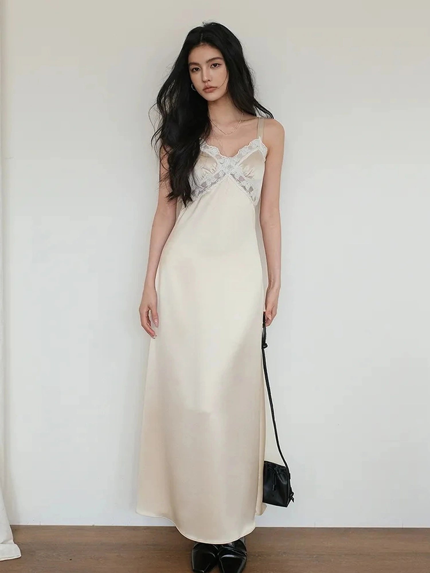 FU FRESH UP French Romantic Lace Trimmed Satin Slip Dress