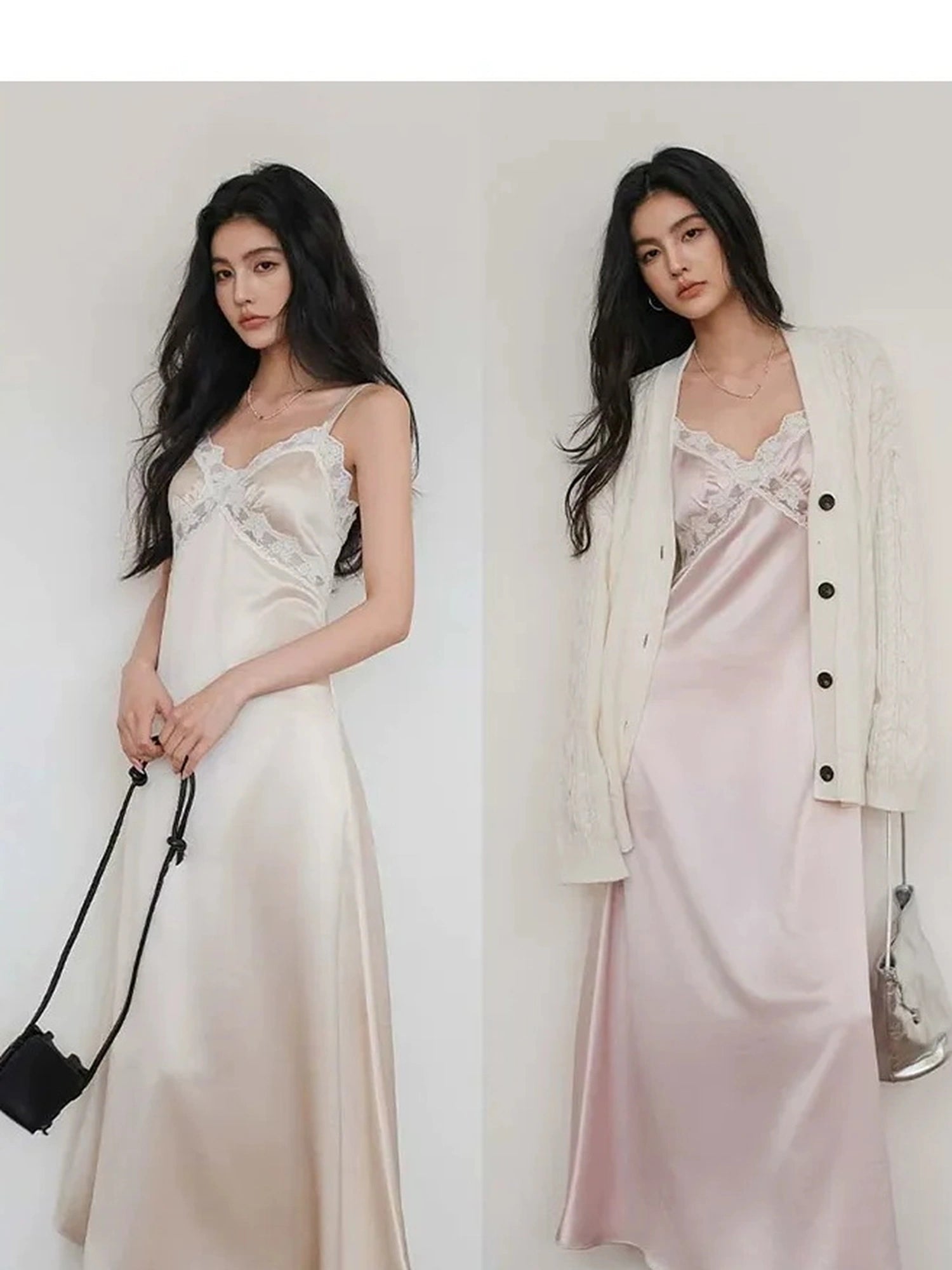 FU FRESH UP French Romantic Lace Trimmed Satin Slip Dress