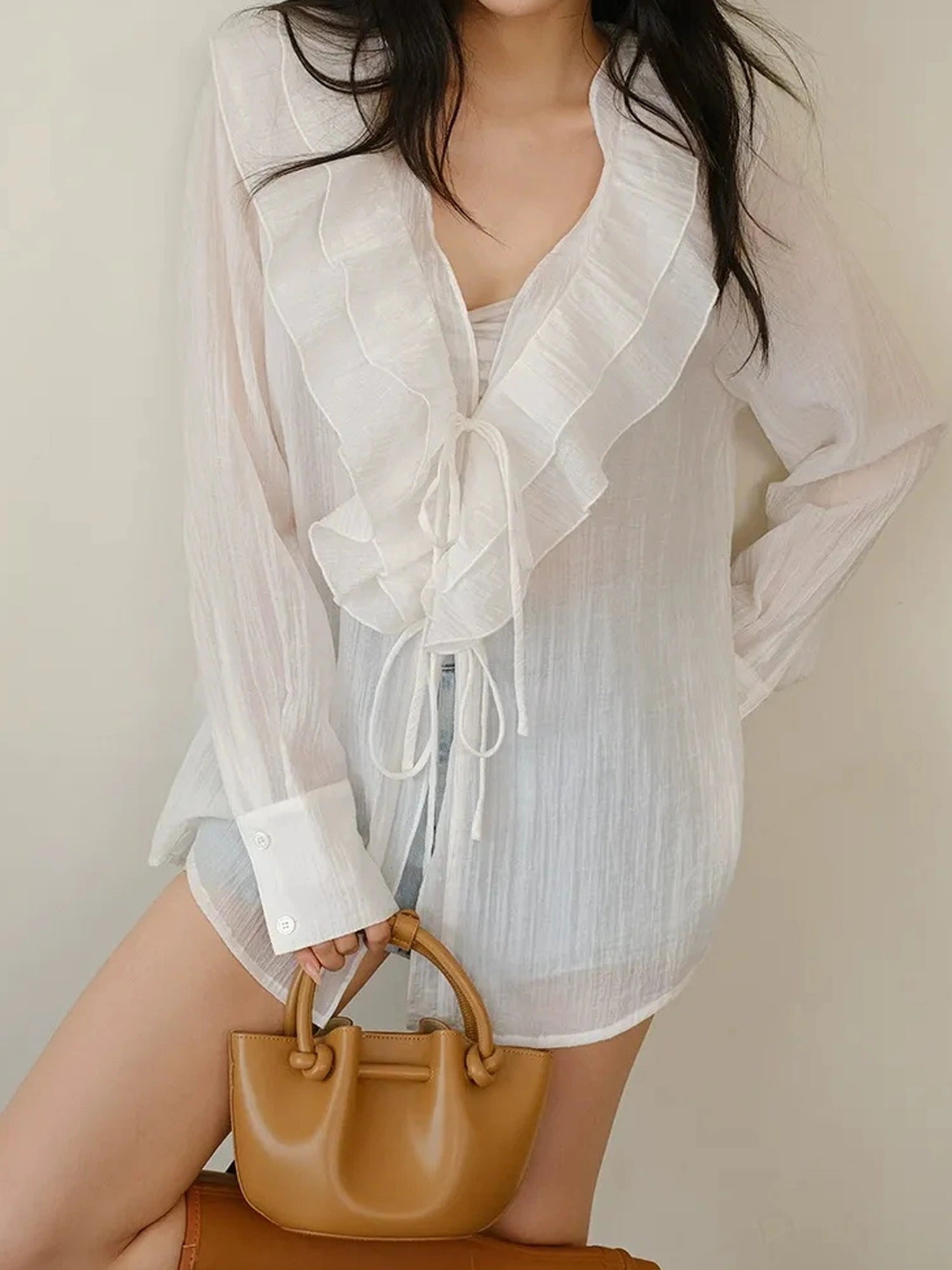 FU FRESH UP French Romantic Ruffle V-neck Blouse