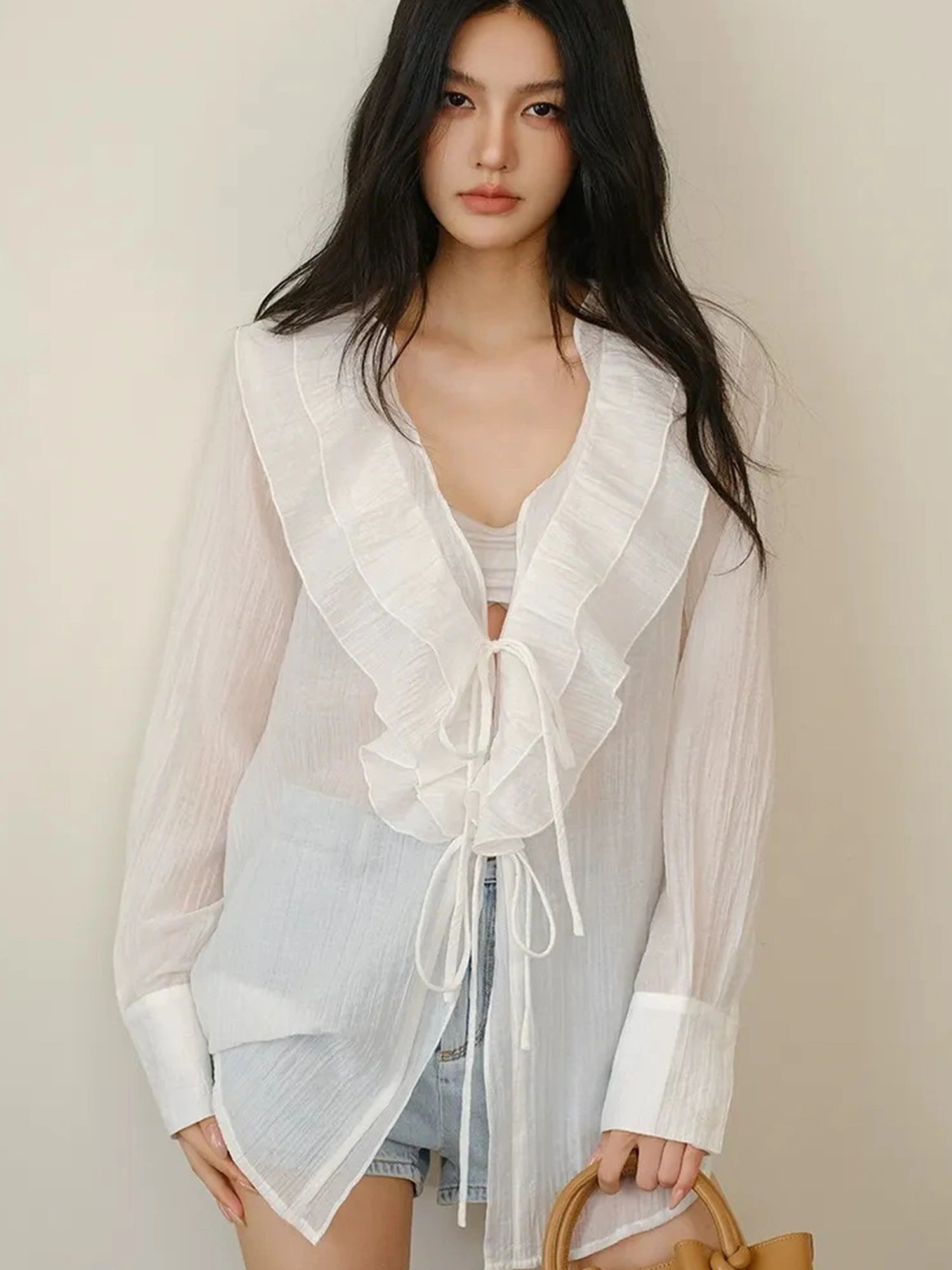 FU FRESH UP French Romantic Ruffle V-neck Blouse