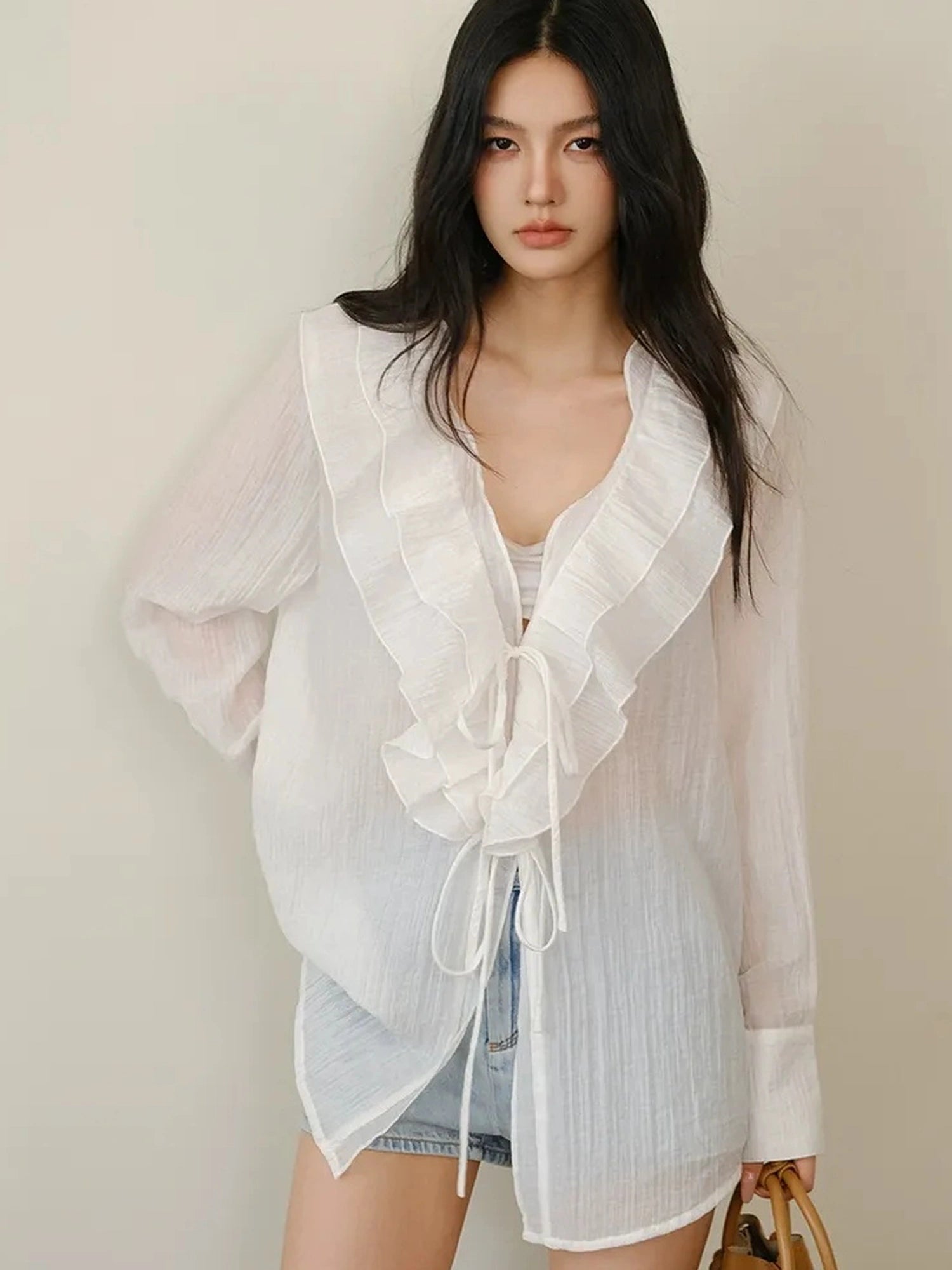 FU FRESH UP French Romantic Ruffle V-neck Blouse