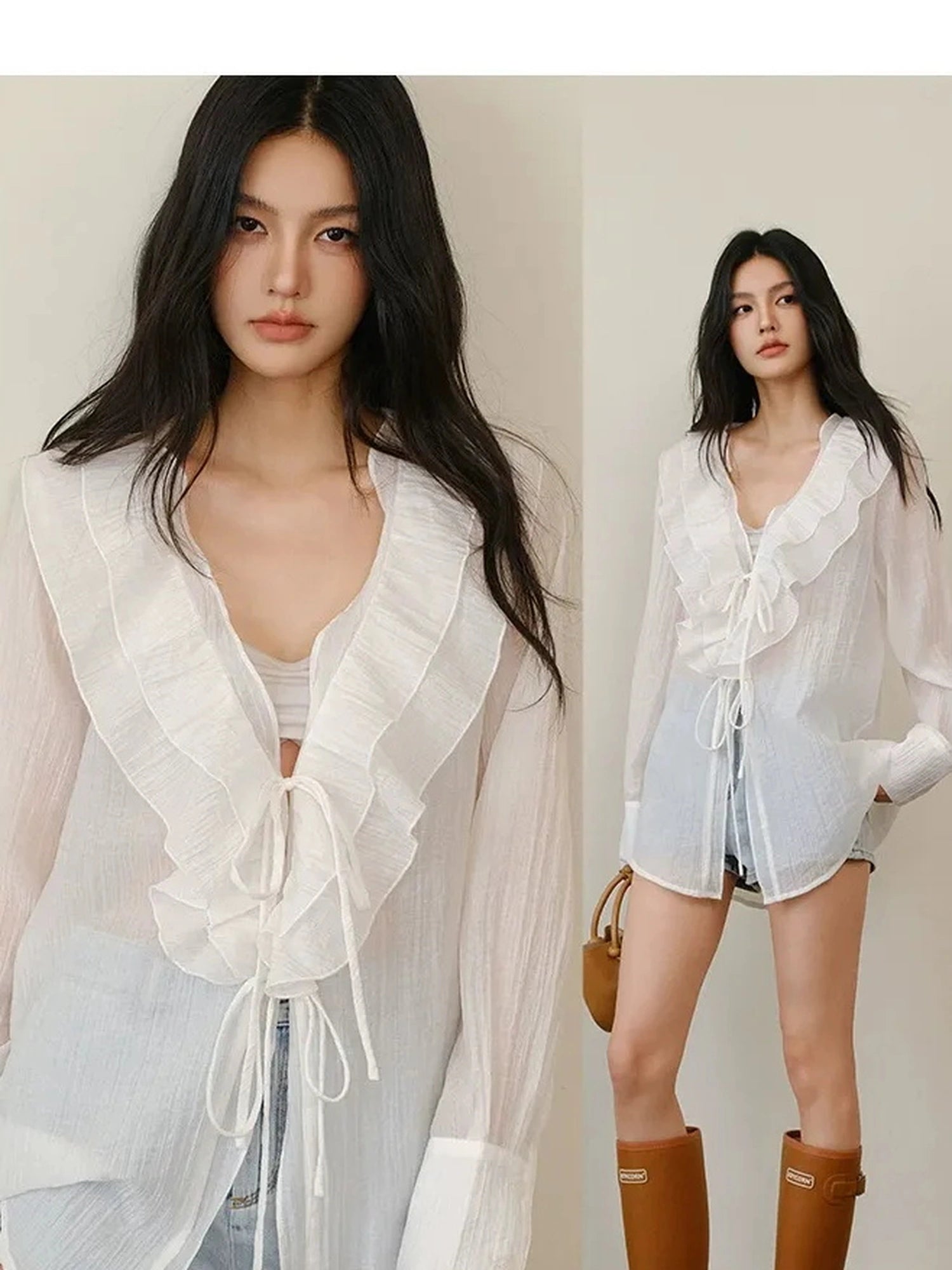 FU FRESH UP French Romantic Ruffle V-neck Blouse