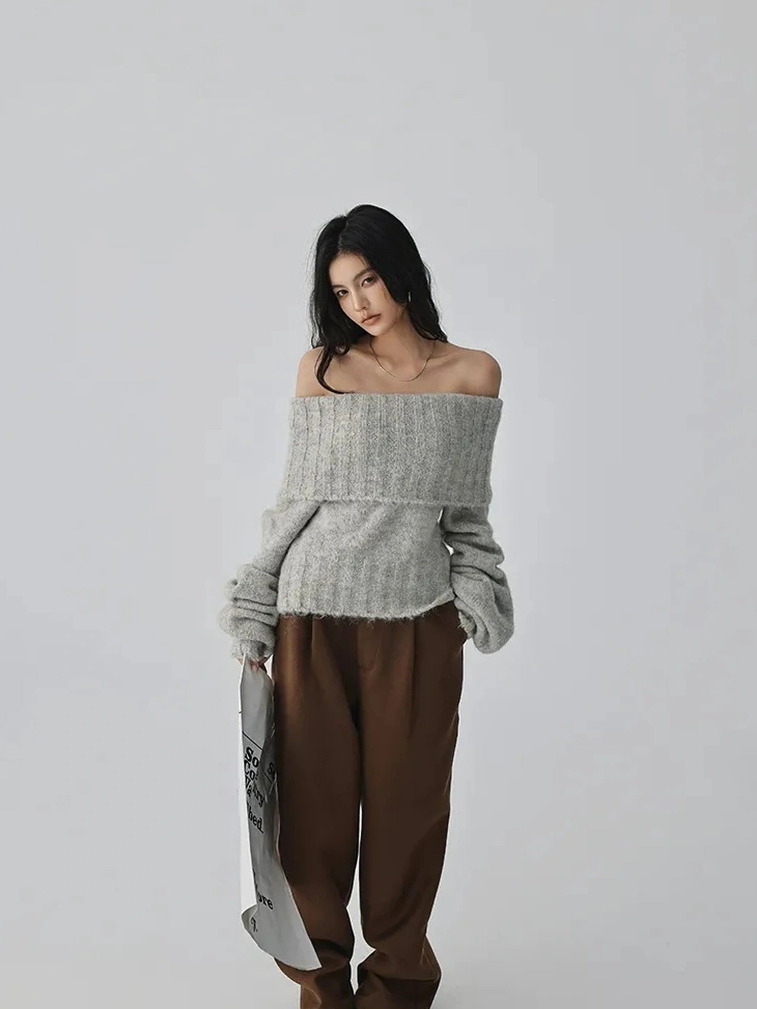 FU FRESH UP French Romantic Wool Off Shoulder Knit