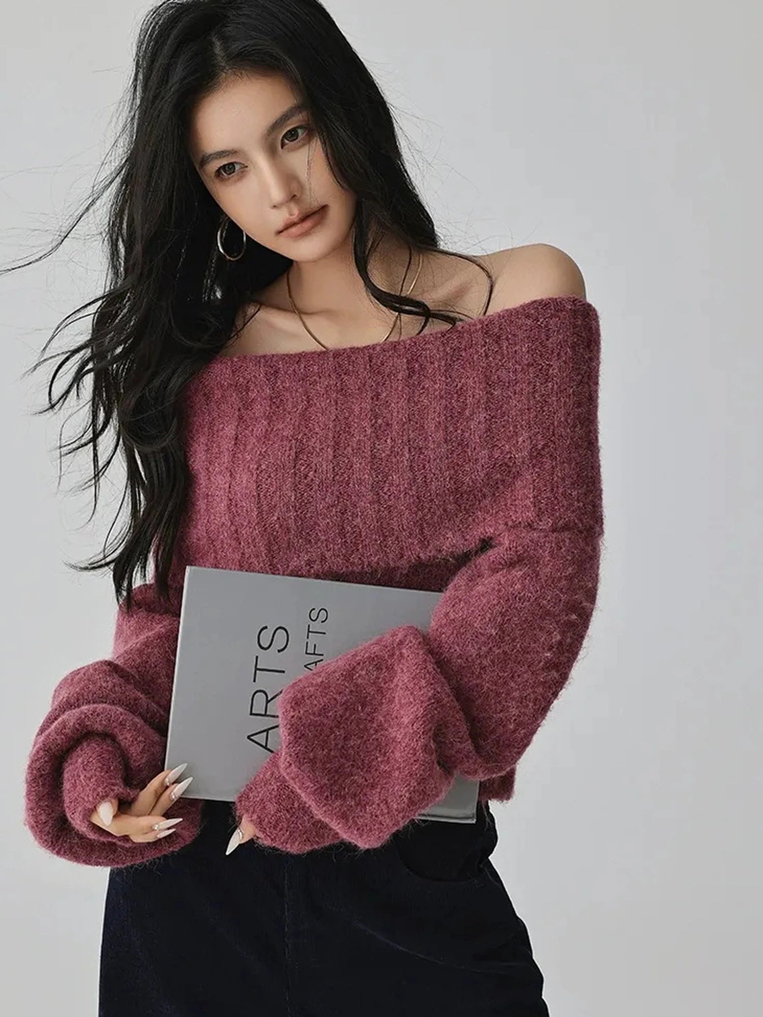 FU FRESH UP French Romantic Wool Off Shoulder Knit