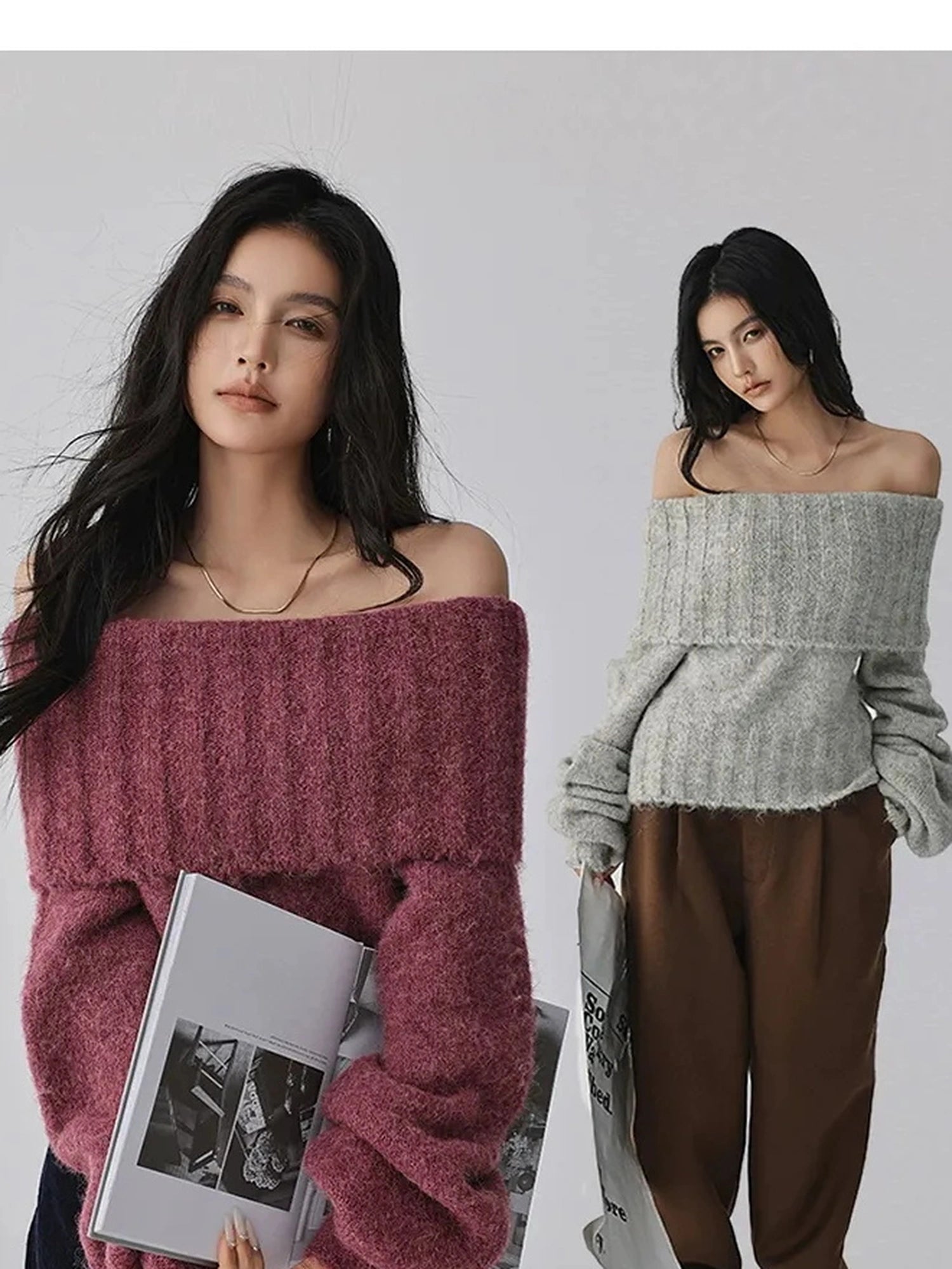 FU FRESH UP French Romantic Wool Off Shoulder Knit