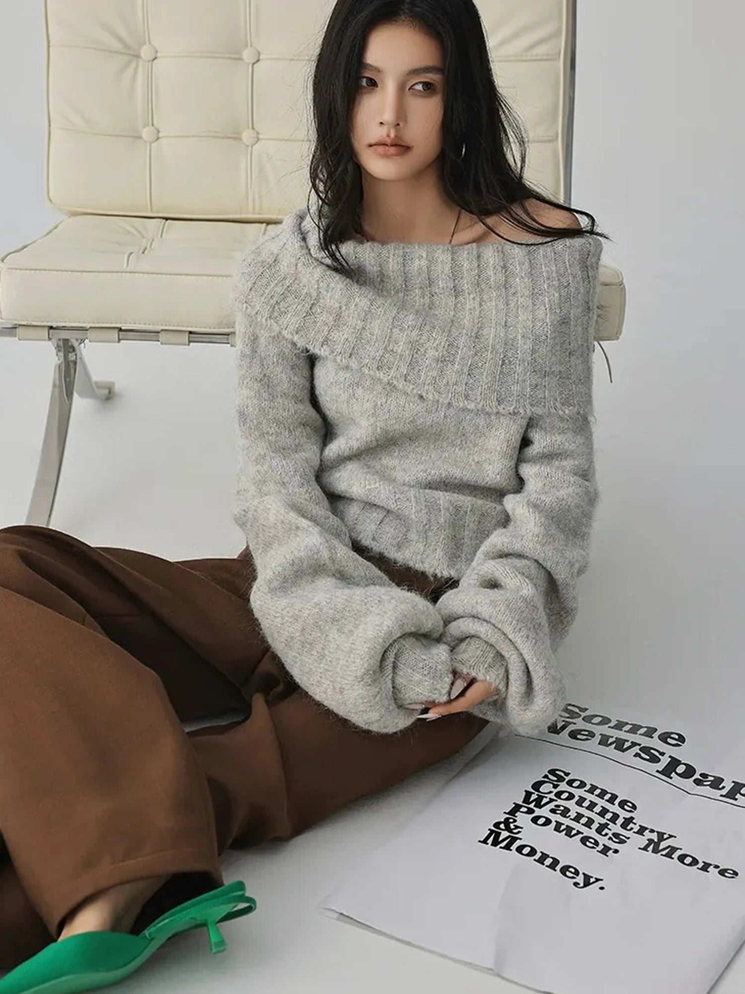FU FRESH UP French Romantic Wool Off Shoulder Knit
