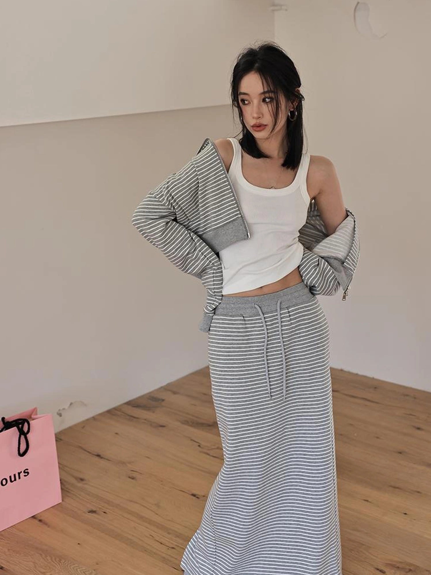 FU FRESH UP French Stripe Zip Up Set With A Line Skirt