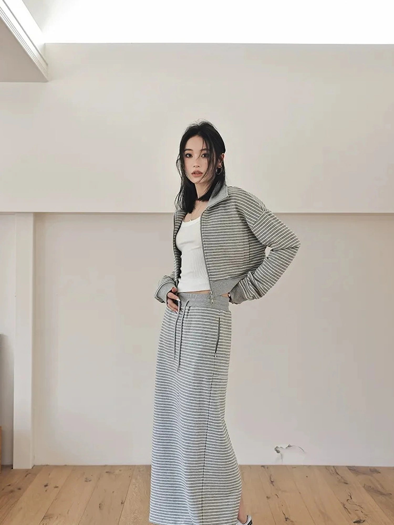FU FRESH UP French Stripe Zip Up Set With A Line Skirt