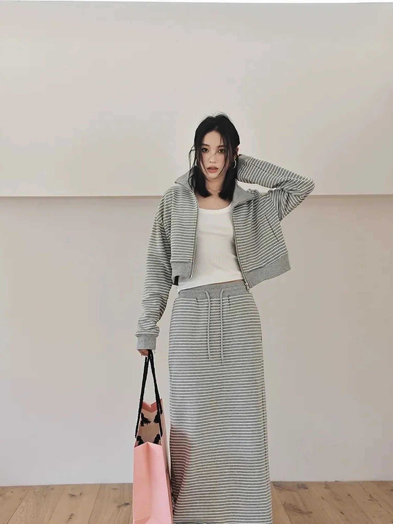 FU FRESH UP French Stripe Zip Up Set With A Line Skirt