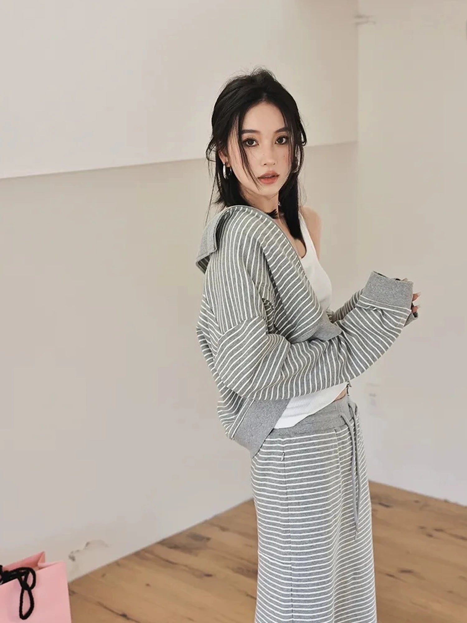 FU FRESH UP French Stripe Zip Up Set With A Line Skirt