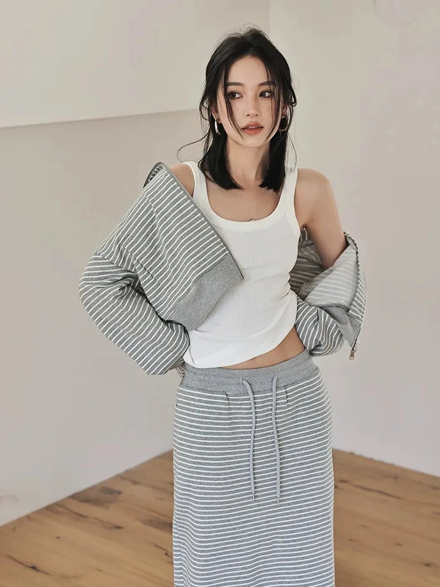 FU FRESH UP French Stripe Zip Up Set With A Line Skirt