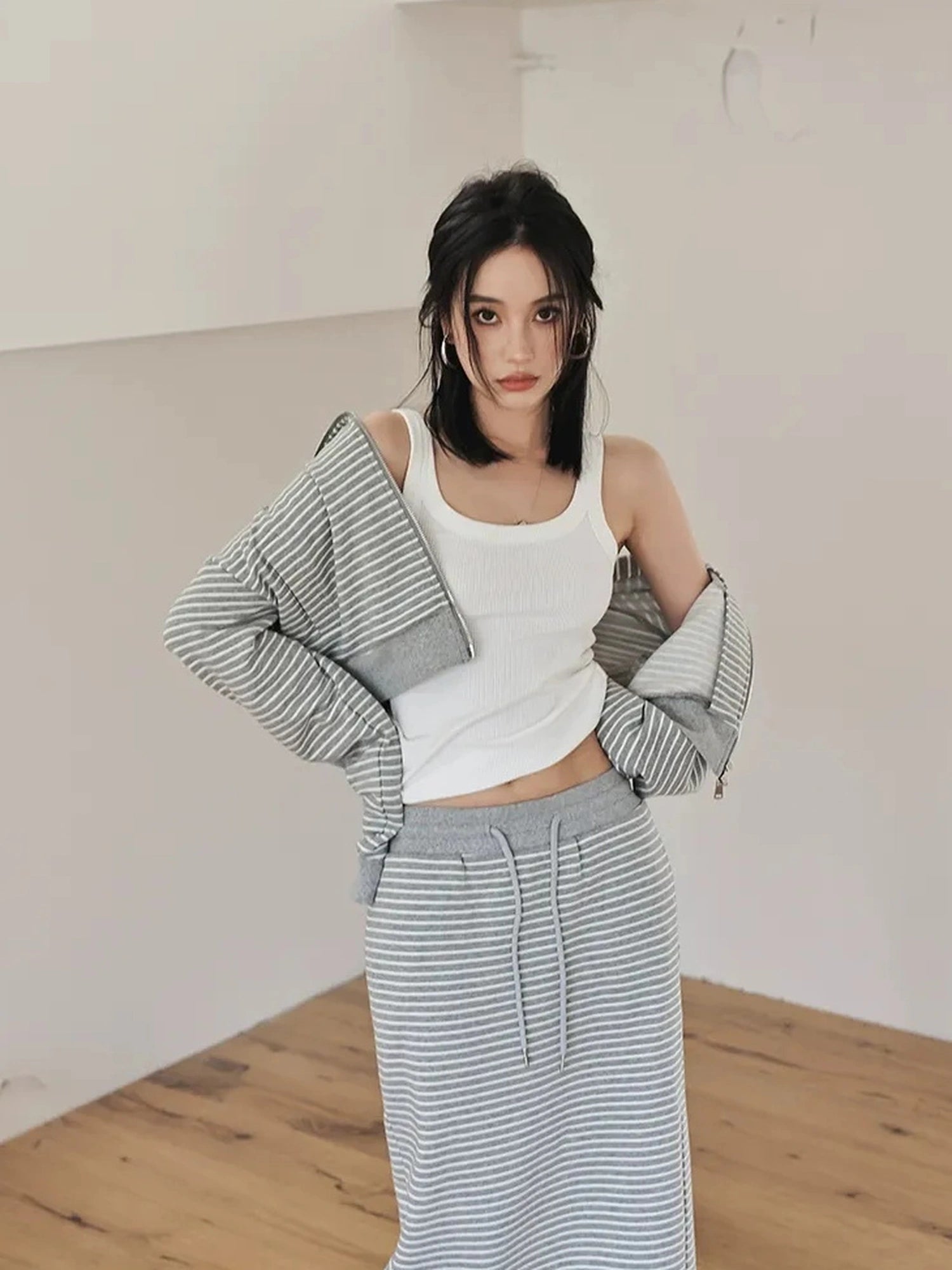 FU FRESH UP French Stripe Zip Up Set With A Line Skirt