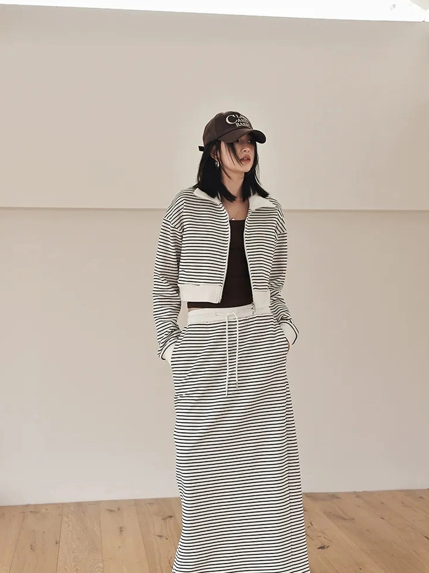 FU FRESH UP French Stripe Zip Up Set With A Line Skirt