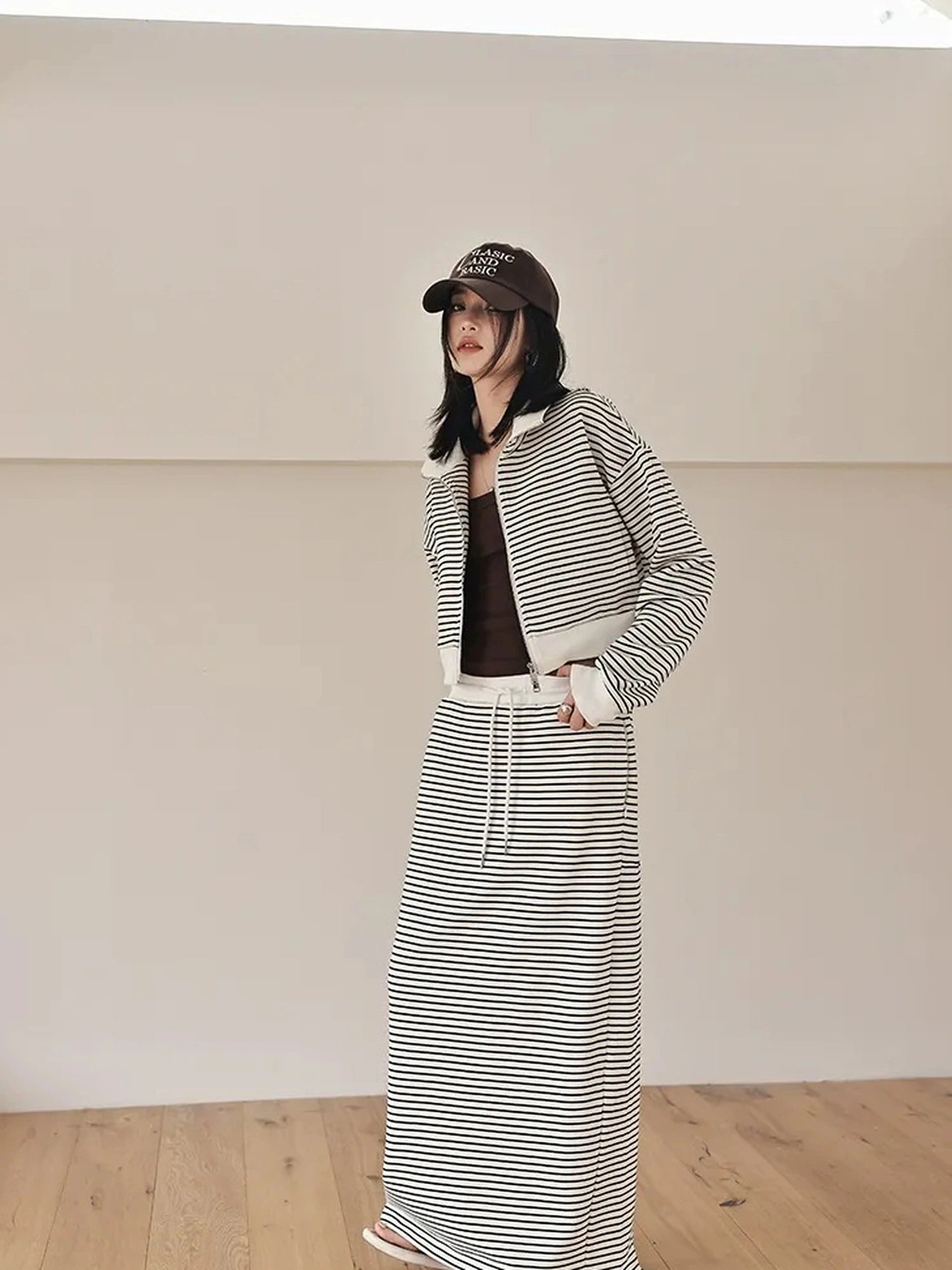 FU FRESH UP French Stripe Zip Up Set With A Line Skirt