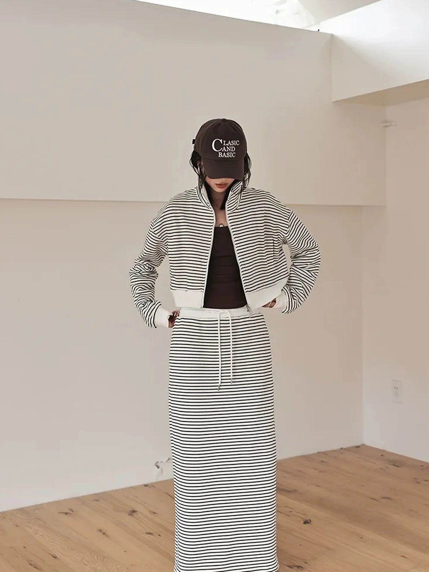 FU FRESH UP French Stripe Zip Up Set With A Line Skirt